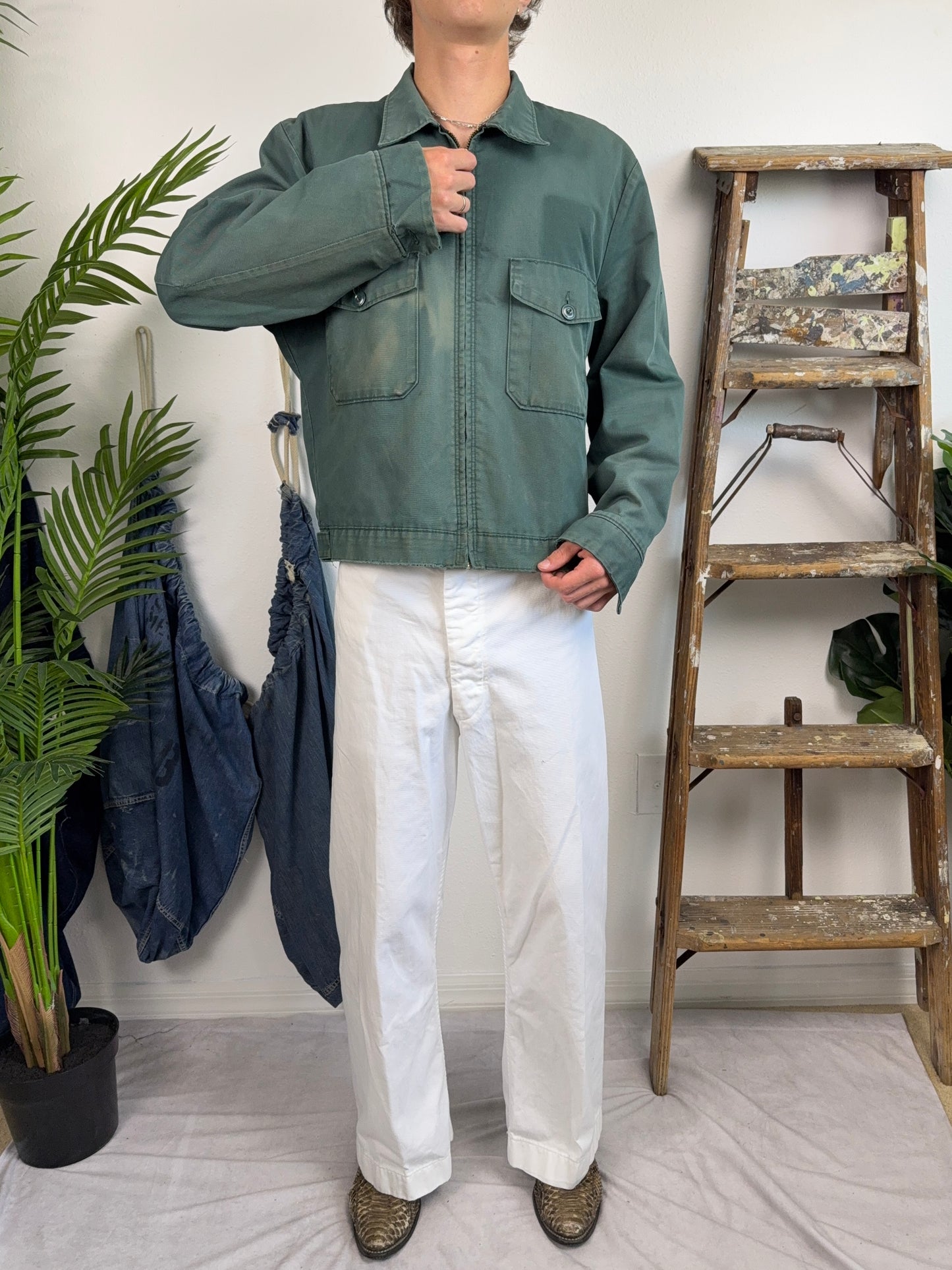 1950s Lined Sun Faded Green Work Jacket (M/L)