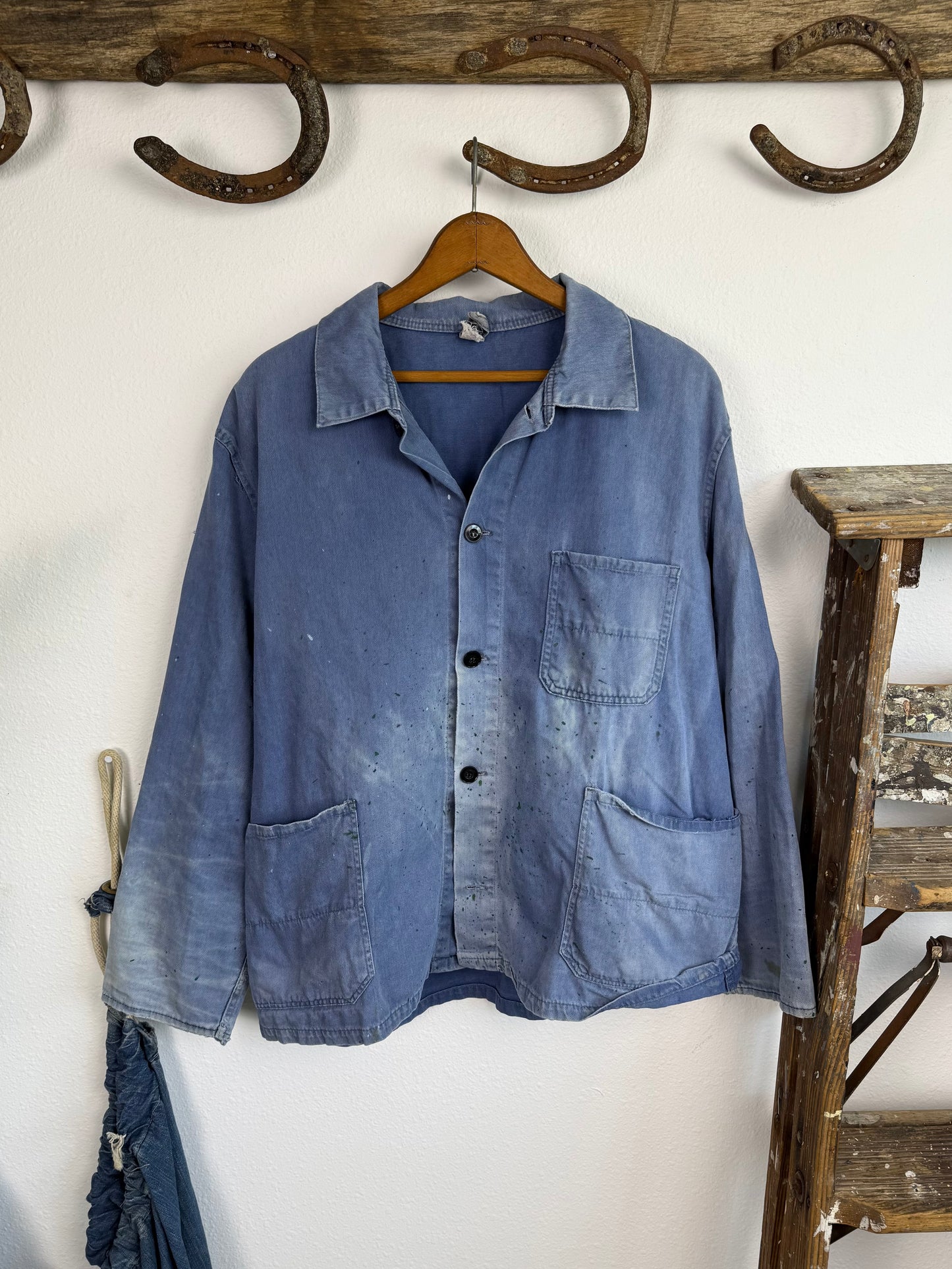 1940s/1950s Sun Faded Splatter Painted French Chore Jacket (L/XL)