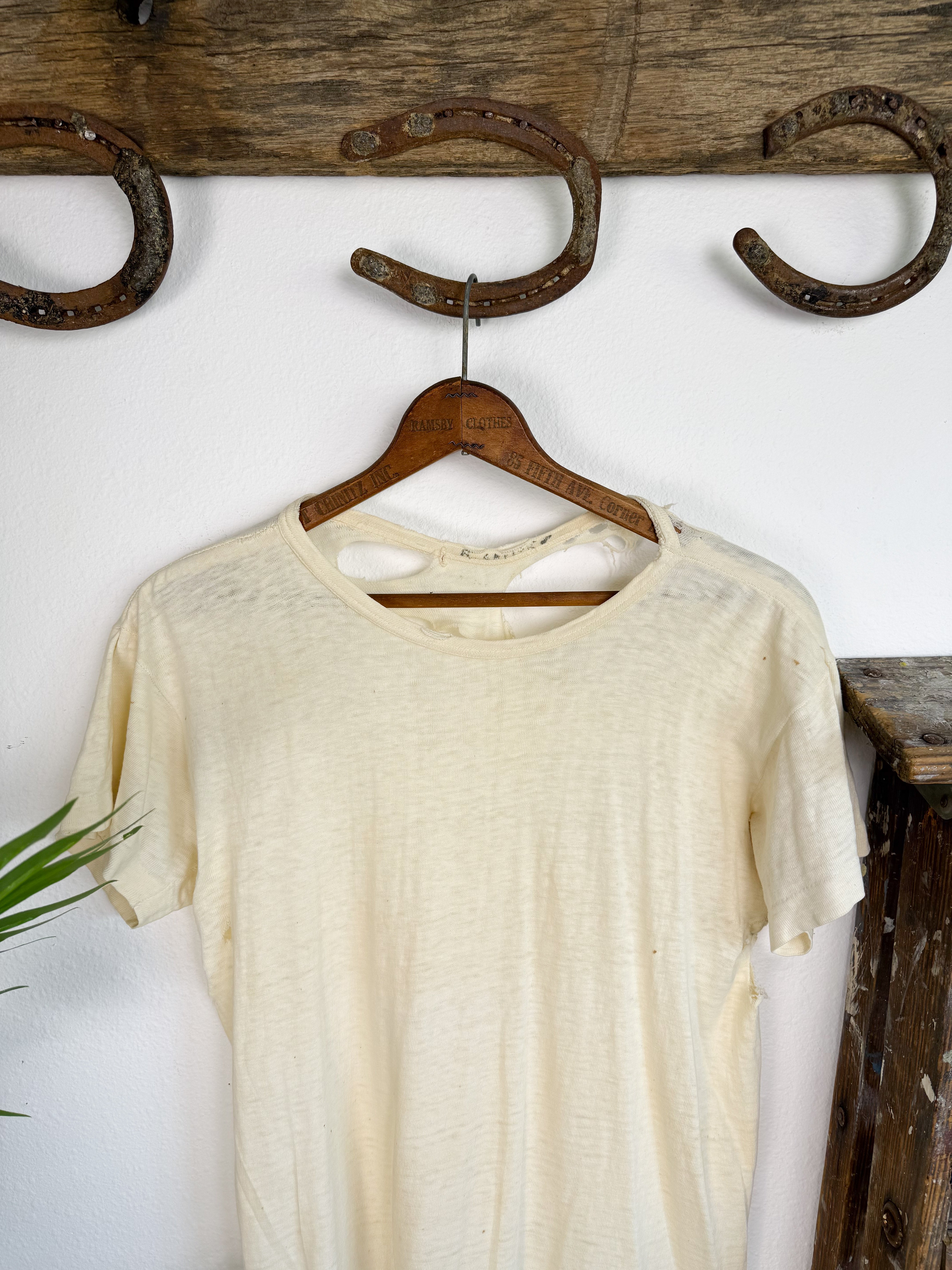 1940s Unbranded Stenciled Distressed White Tee (S/M)
