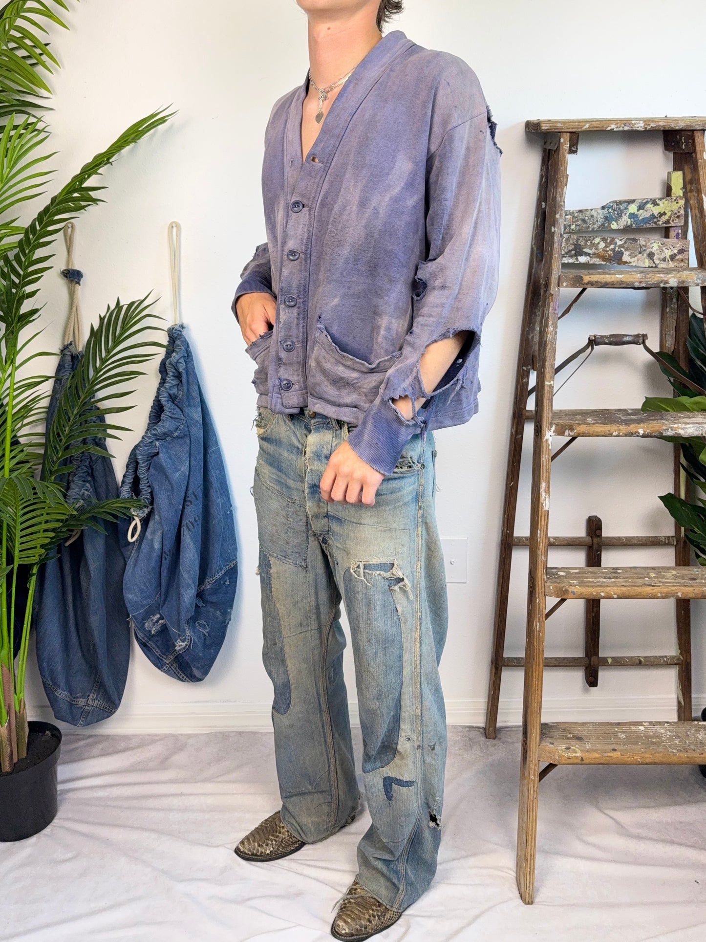 1940s Sun Faded & Distressed Cotton Cardigan (XL)