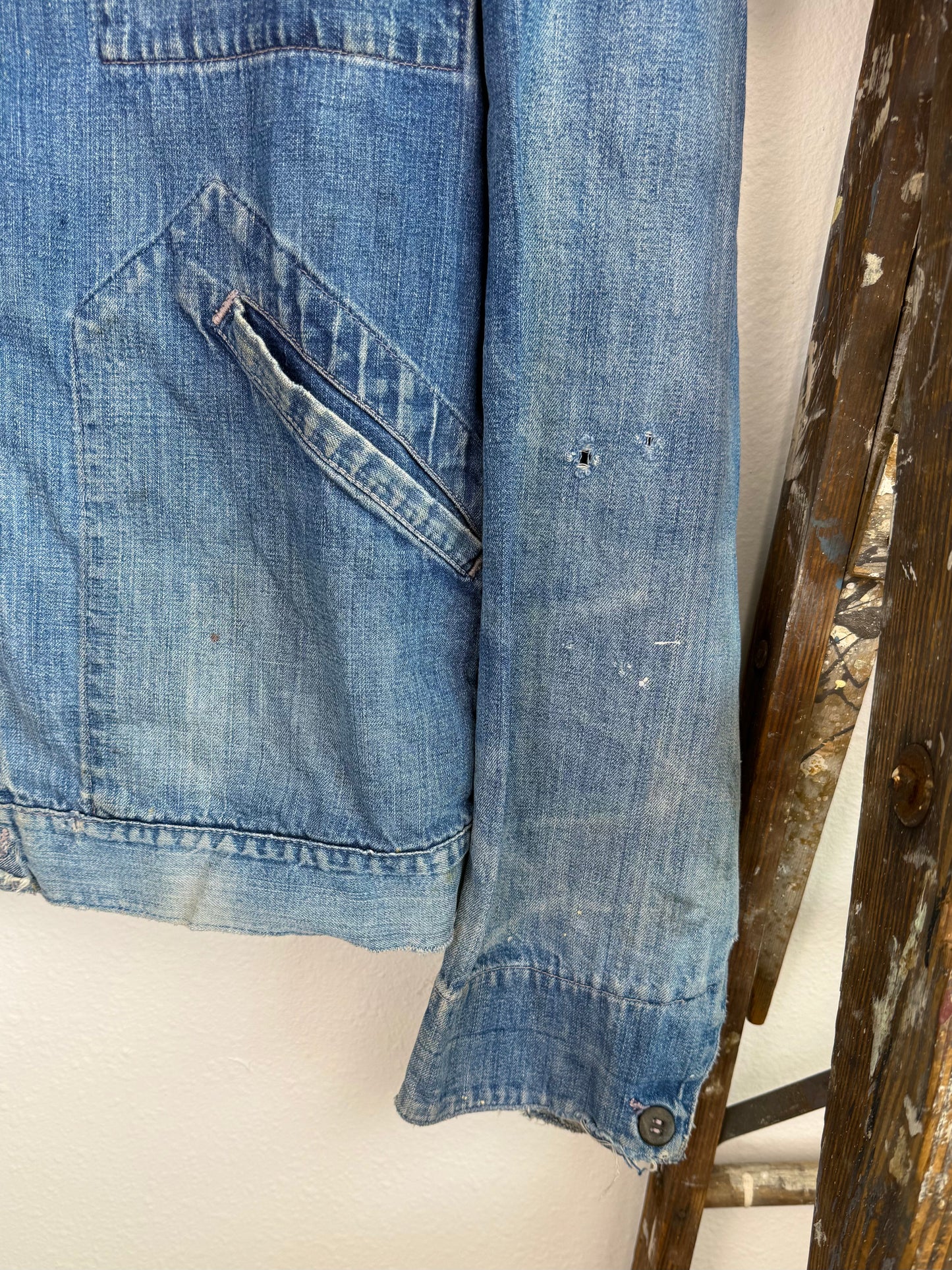1940s Pocket Zipper Sun Faded Denim Jacket (XL)