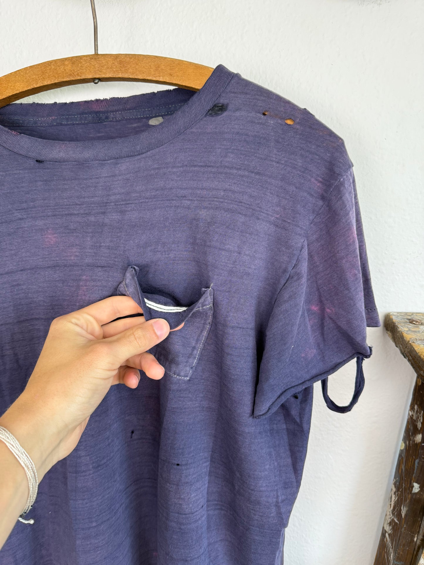 1950s Sun Faded and Thrashed Selvedge Pocket Tee (L)