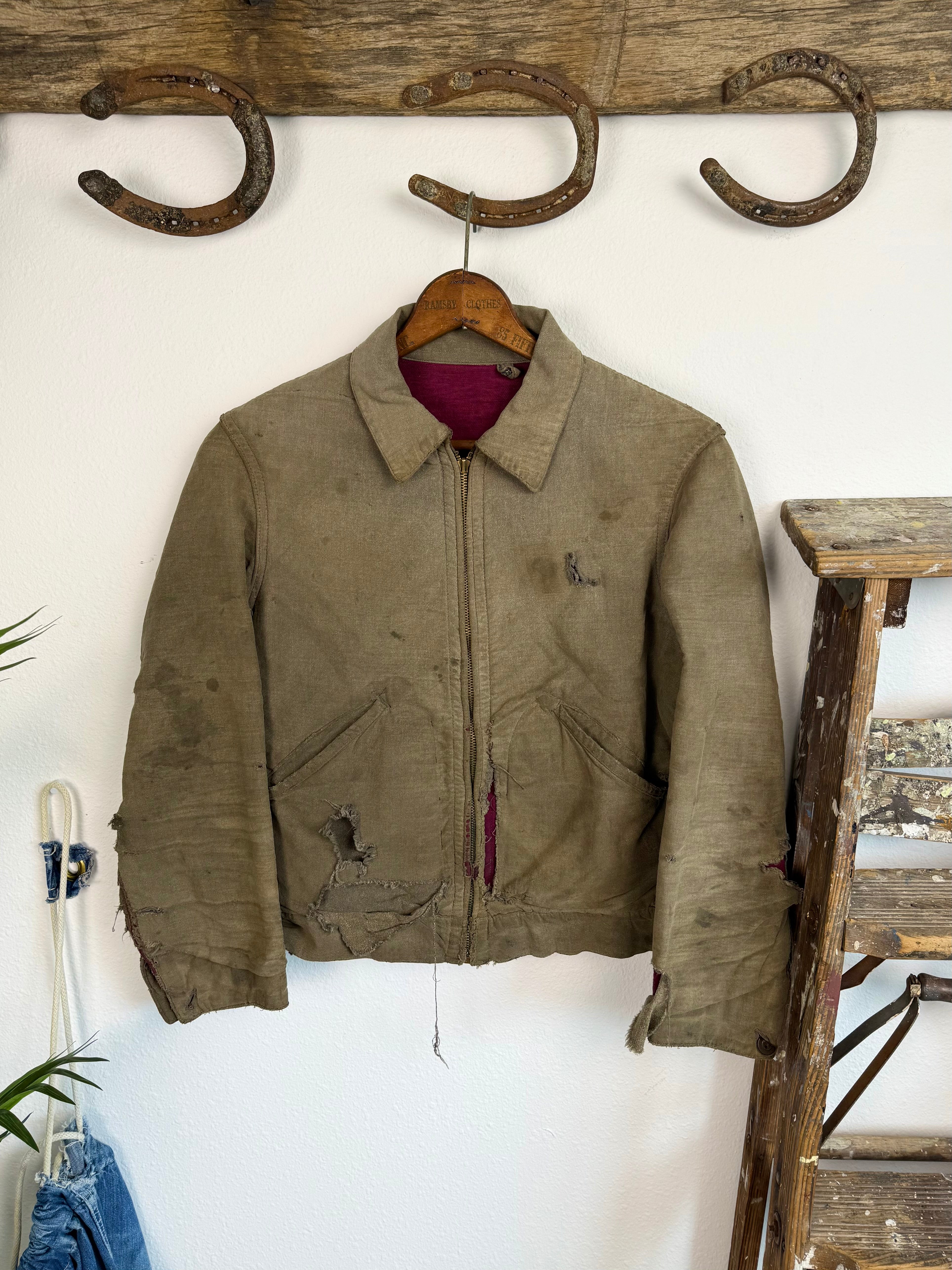 1940s Salt and Pepper ‘Raspberry Lined’ Workwear Jacket (S/M)