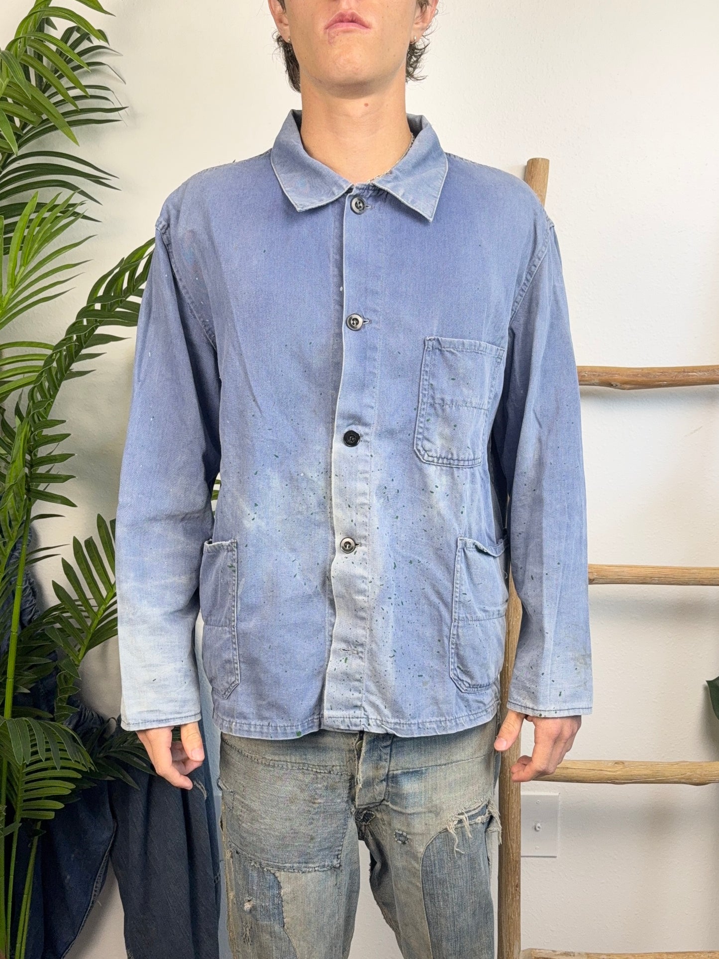 1940s/1950s Sun Faded Splatter Painted French Chore Jacket (L/XL)