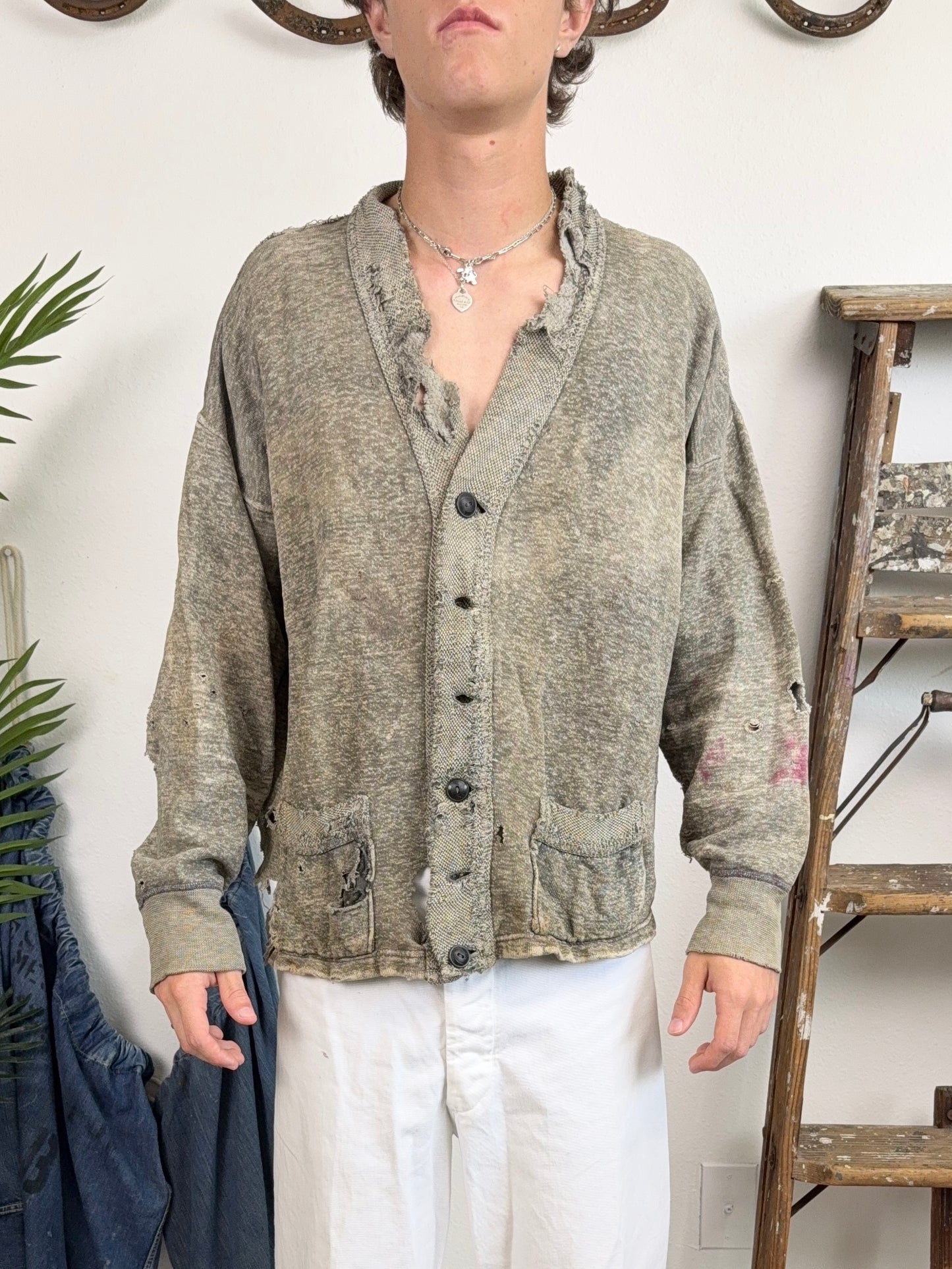 1930s/1940s Salt and Pepper Distressed Cardigan (L/XL)