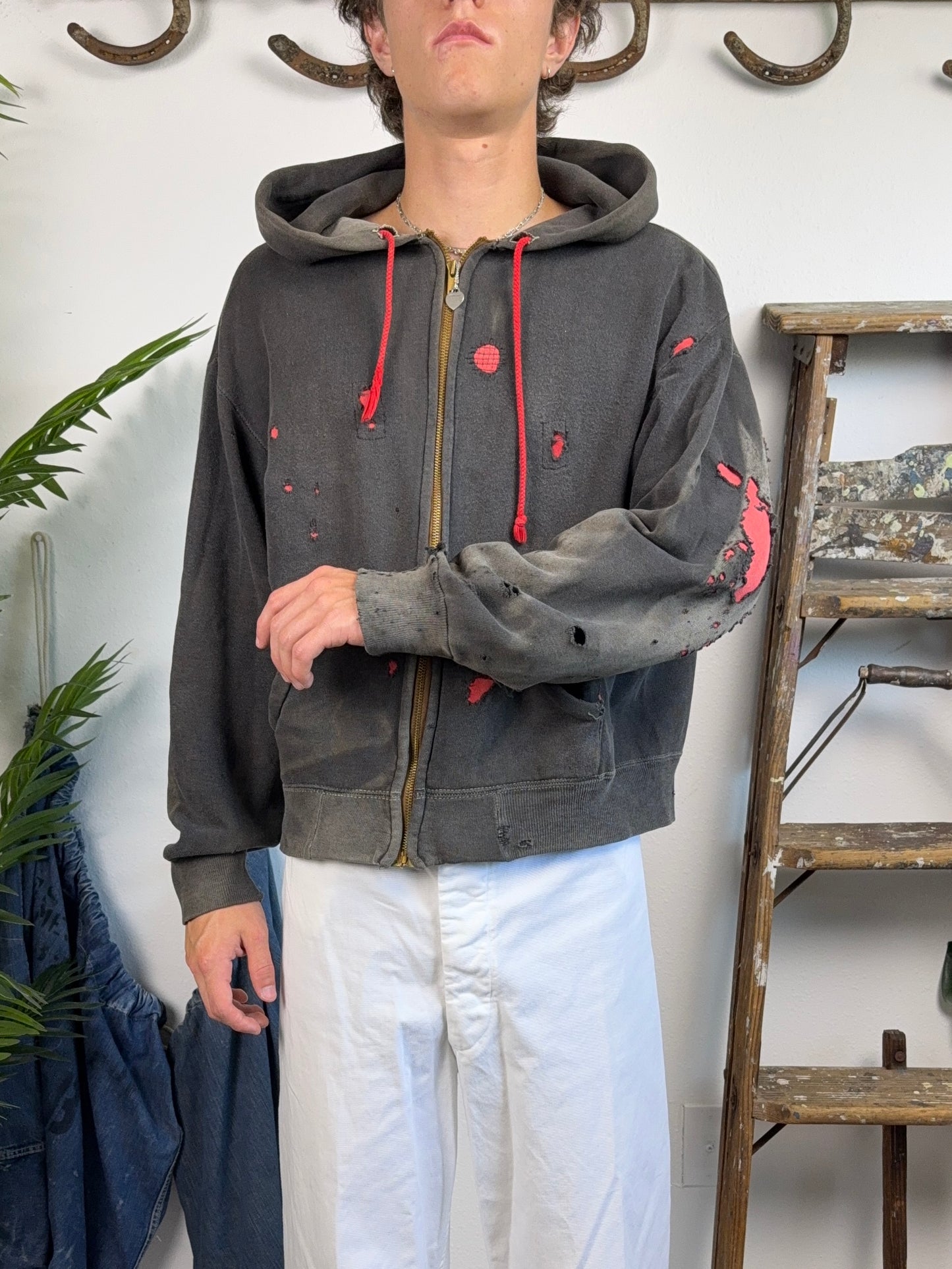 1950s Black Sun Faded & Repaired Zip Up Jacket (M/L)