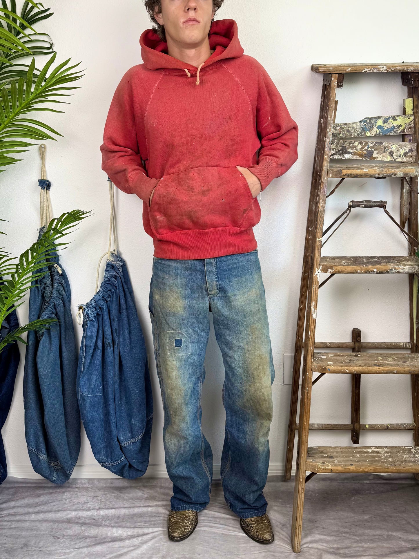 1950s Perfectly Worn ‘Hood Sun Fade’ Red Frat Hoodie (XL)