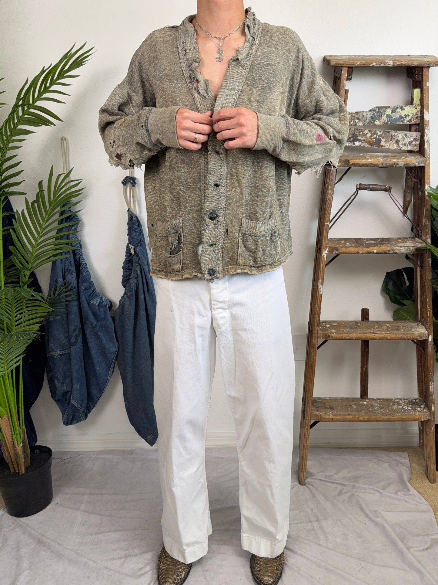 1930s/1940s Salt and Pepper Distressed Cardigan (L/XL)