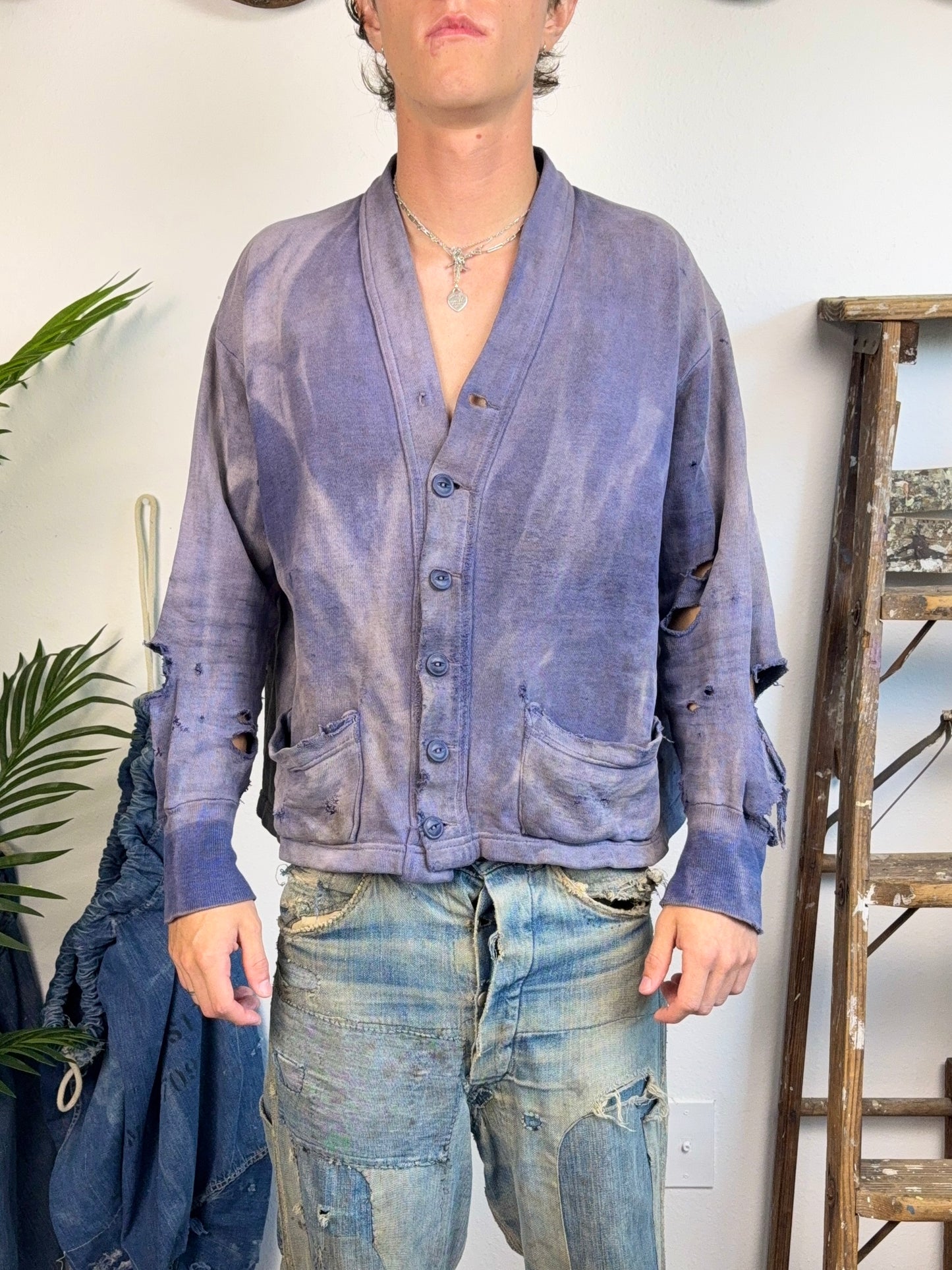 1940s Sun Faded & Distressed Cotton Cardigan (XL)