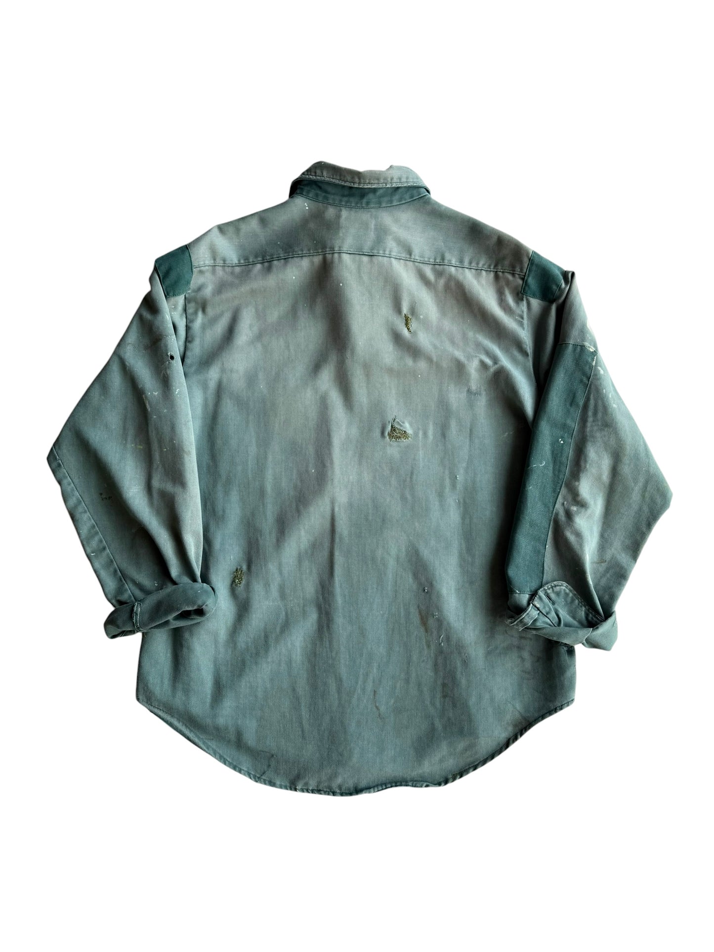 1950s Sun Faded Green Splatter Paint Repaired Work Shirt (XL)