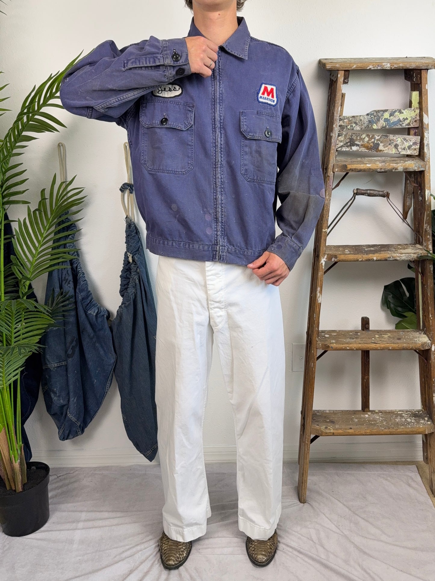 1950s Flanned Lined Sun Faded Cotton Work Jacket (M/L)
