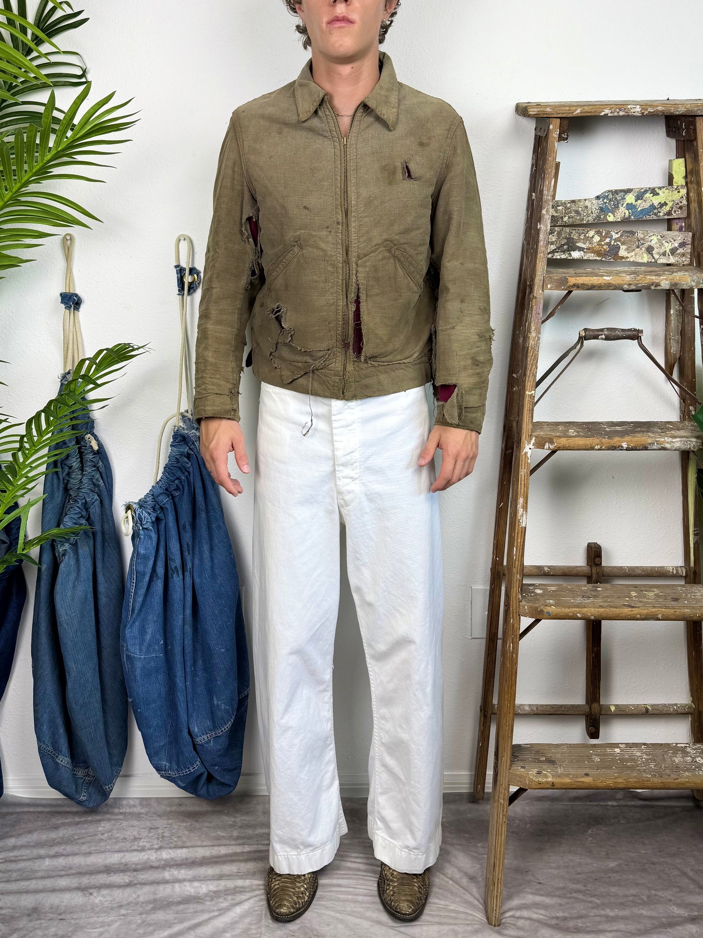 1940s Salt and Pepper ‘Raspberry Lined’ Workwear Jacket (S/M)