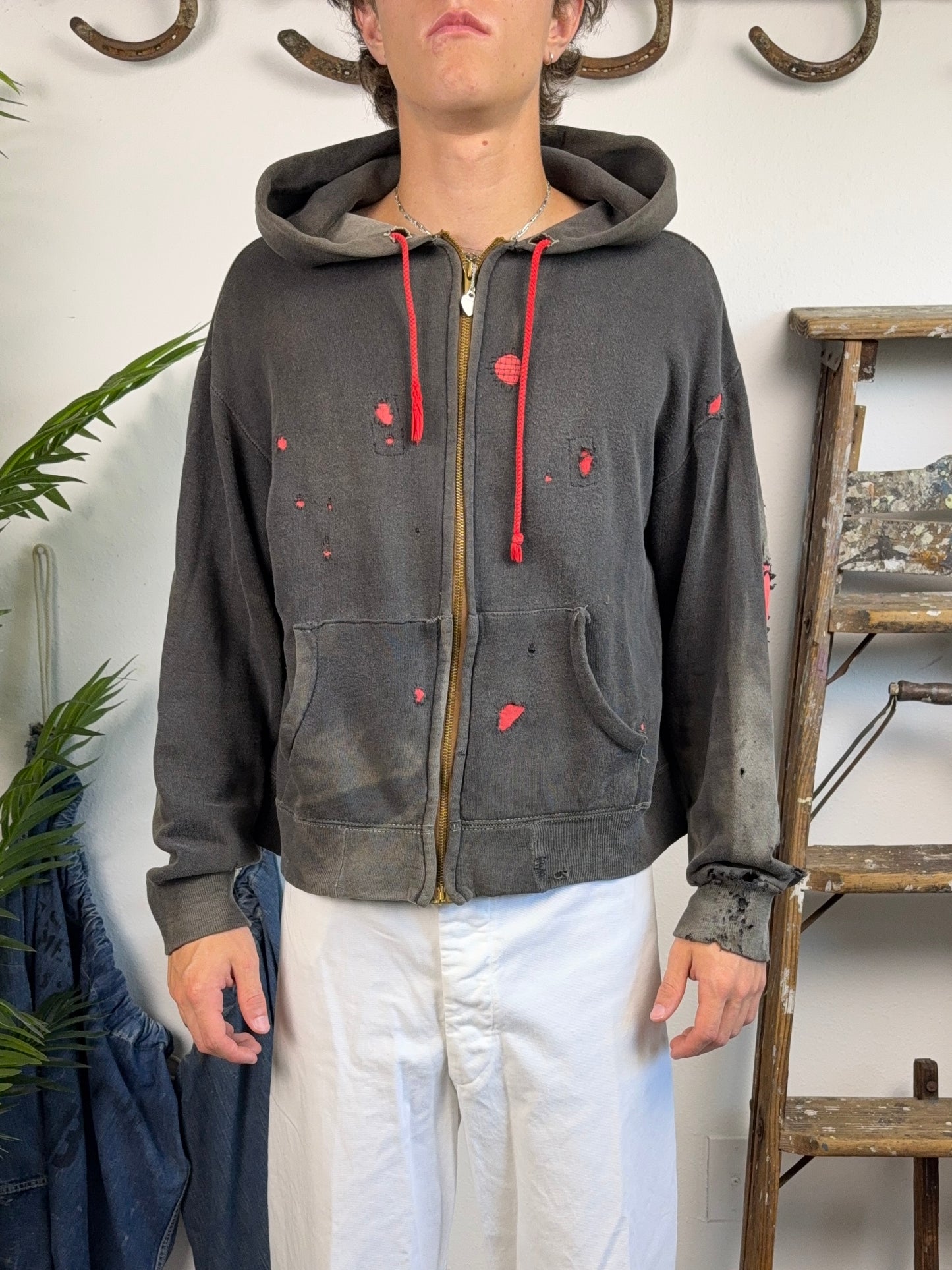 1950s Black Sun Faded & Repaired Zip Up Jacket (M/L)