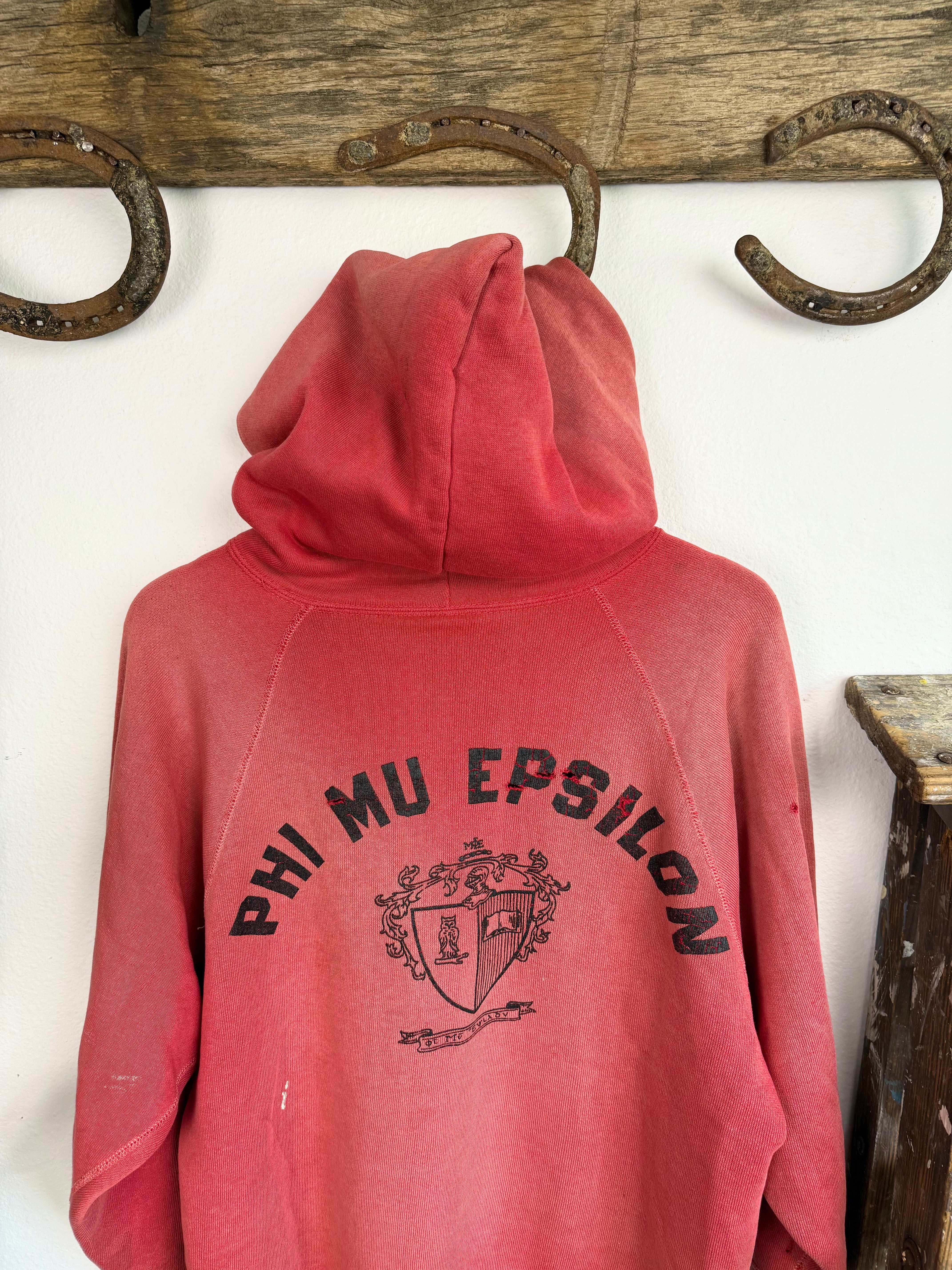 1950s Perfectly Worn ‘Hood Sun Fade’ Red Frat Hoodie (XL)