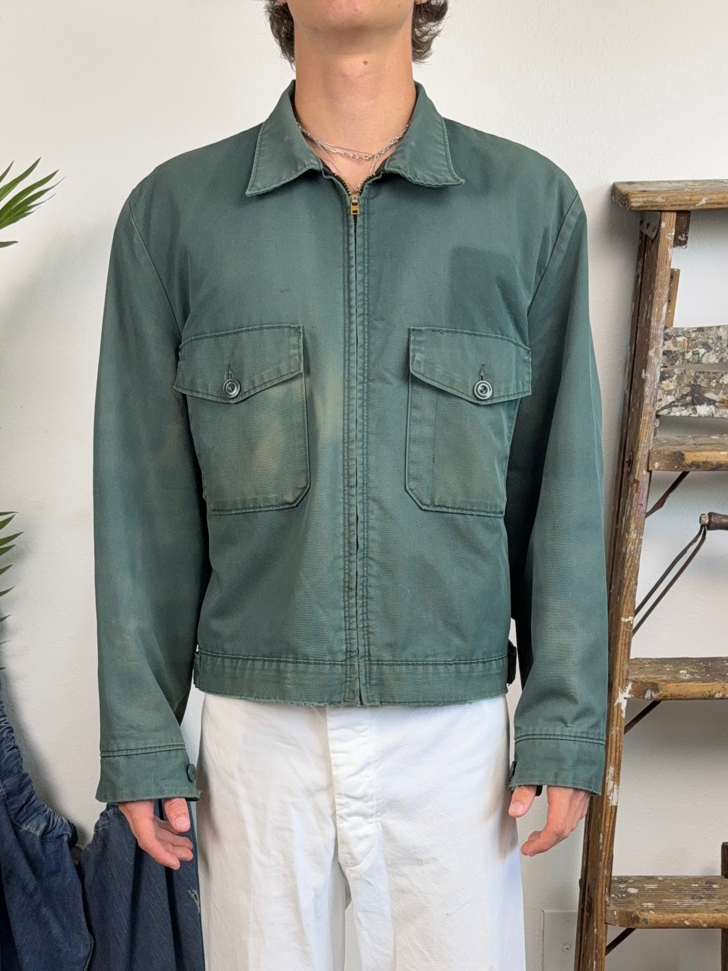 1950s Lined Sun Faded Green Work Jacket (M/L)