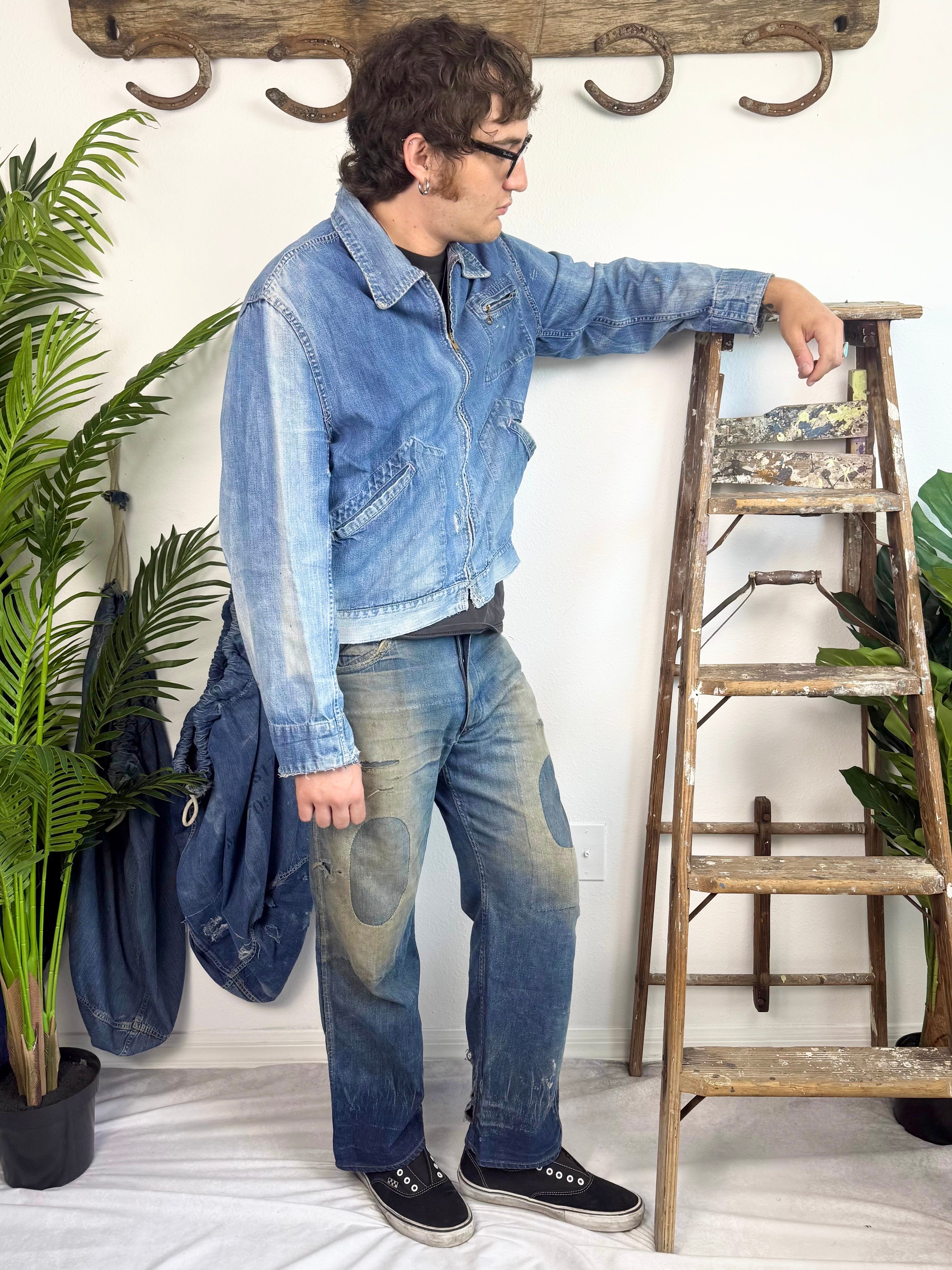1940s Pocket Zipper Sun Faded Denim Jacket (XL)
