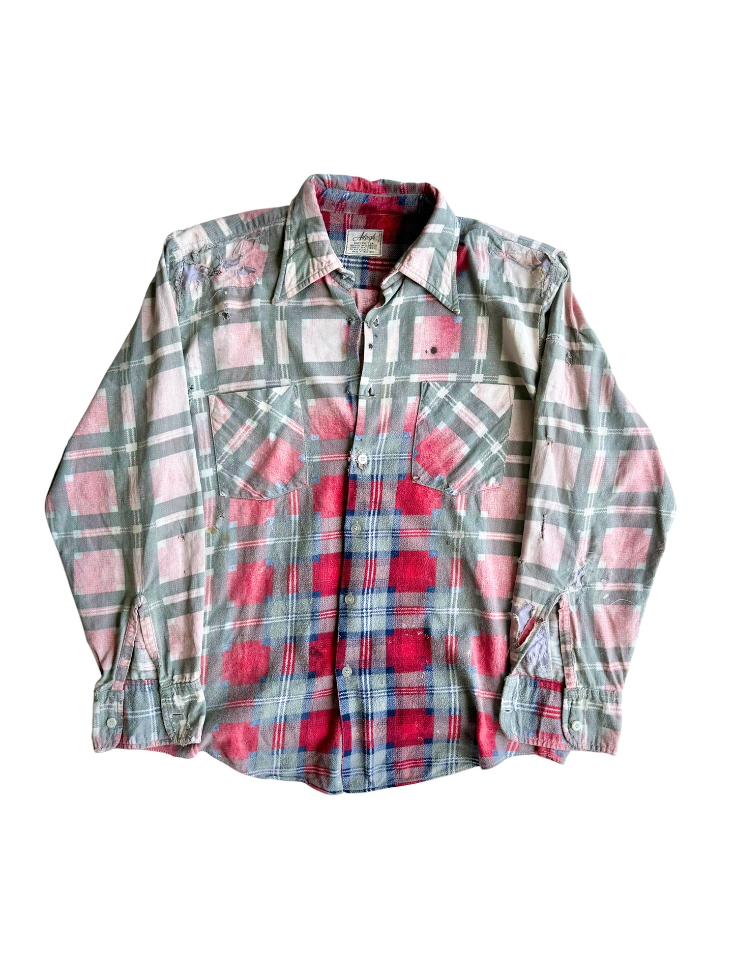 1950s Sun Faded Distressed Red Plaid Cotton Flannel (M/L)