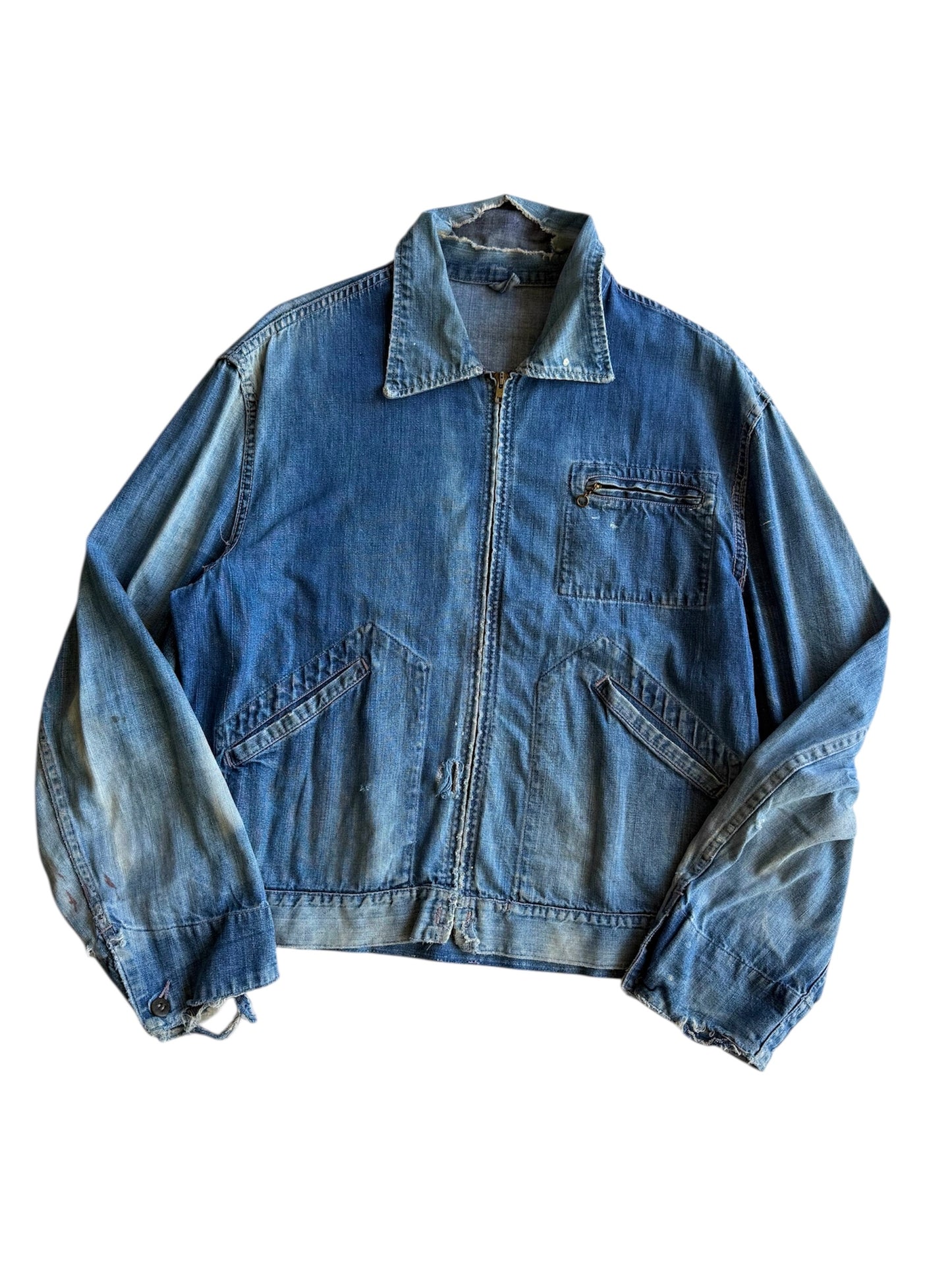 1940s Pocket Zipper Sun Faded Denim Jacket (XL)