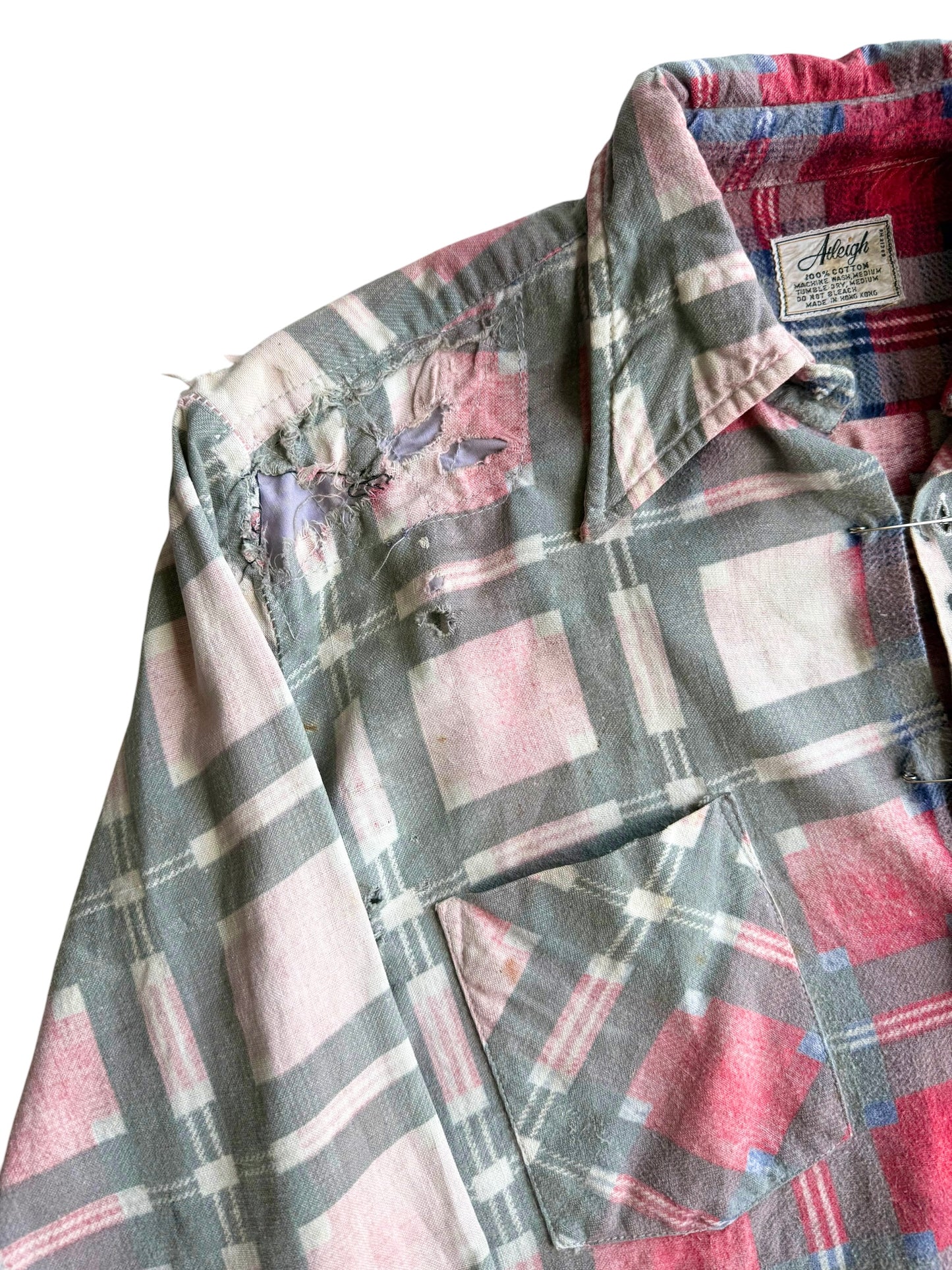 1950s Sun Faded Distressed Red Plaid Cotton Flannel (M/L)