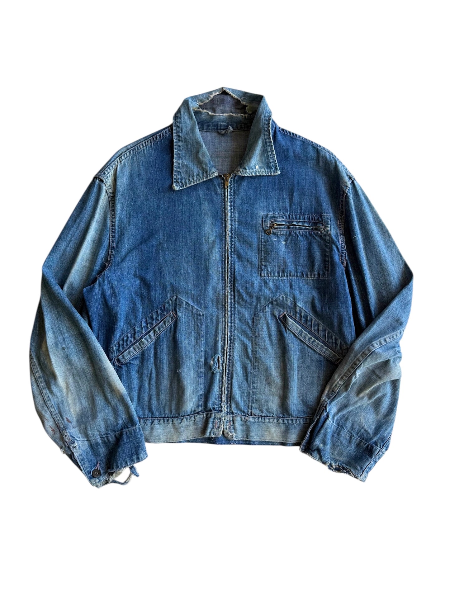 1940s Pocket Zipper Sun Faded Denim Jacket (XL)