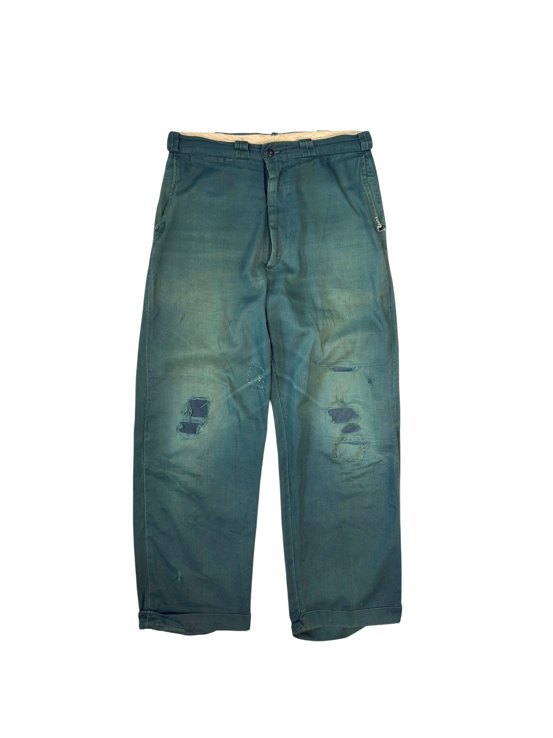 1950s Sun Faded Forest Green Repaired Chinos (32)