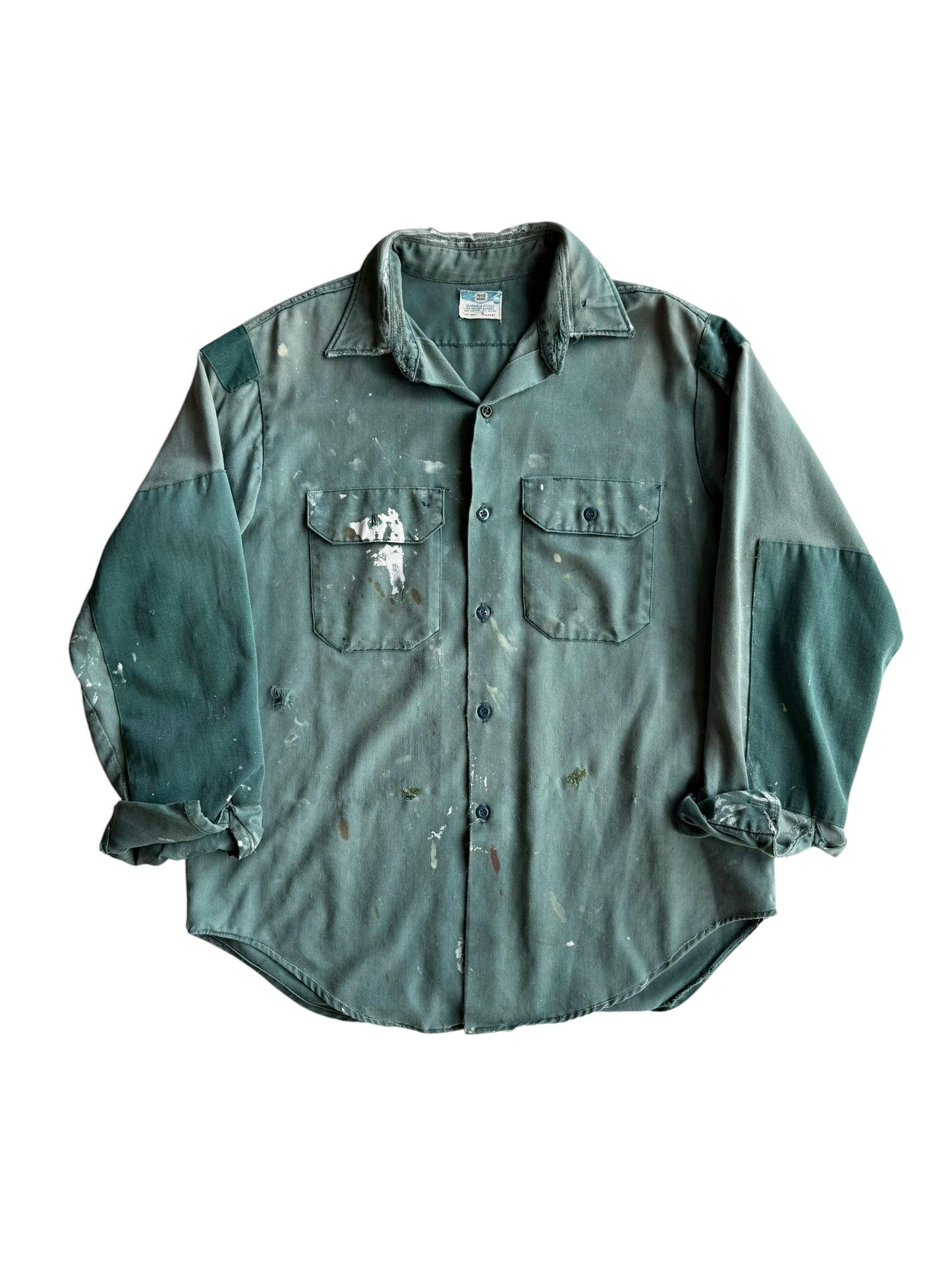 1950s Sun Faded Green Splatter Paint Repaired Work Shirt (XL)