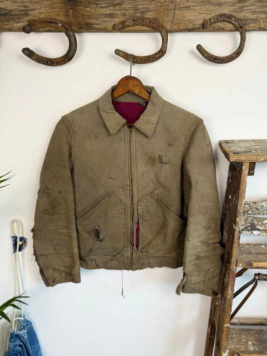 1940s Salt and Pepper ‘Raspberry Lined’ Workwear Jacket (S/M)