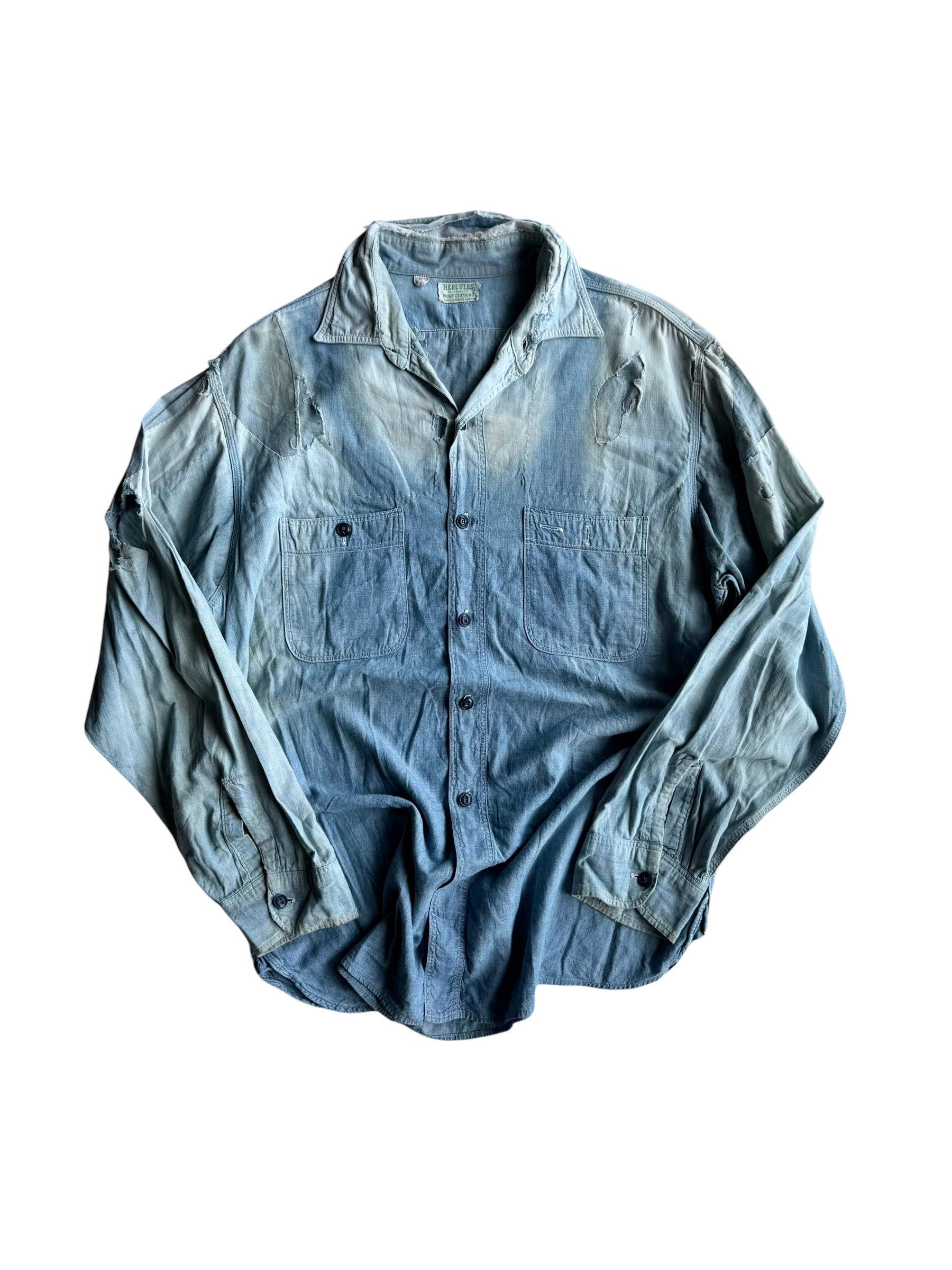 トップス 40s HERCULES Denim Work Shirt 1940s Hercules Overall Sun Faded Repaired Work Shirt (XL)