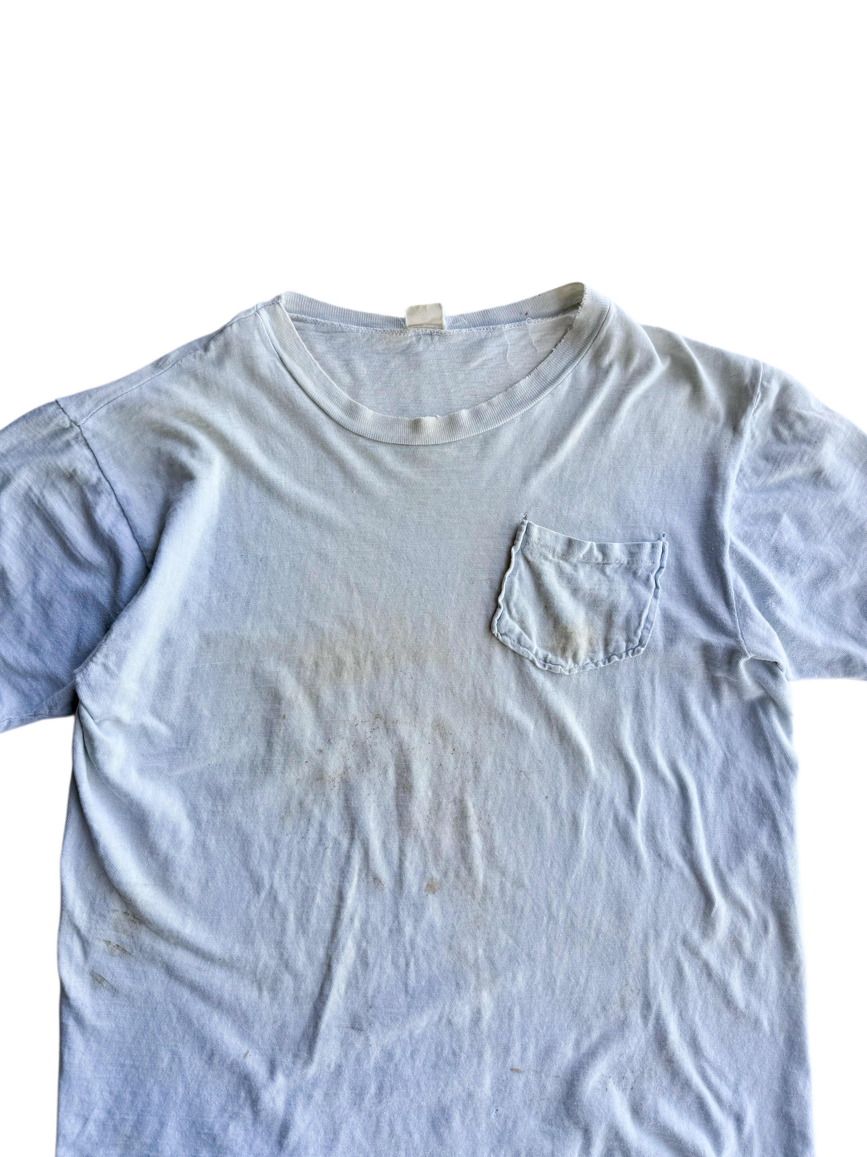 1960s Faded Baby Blue Distressed Pocket Tee (S/M)