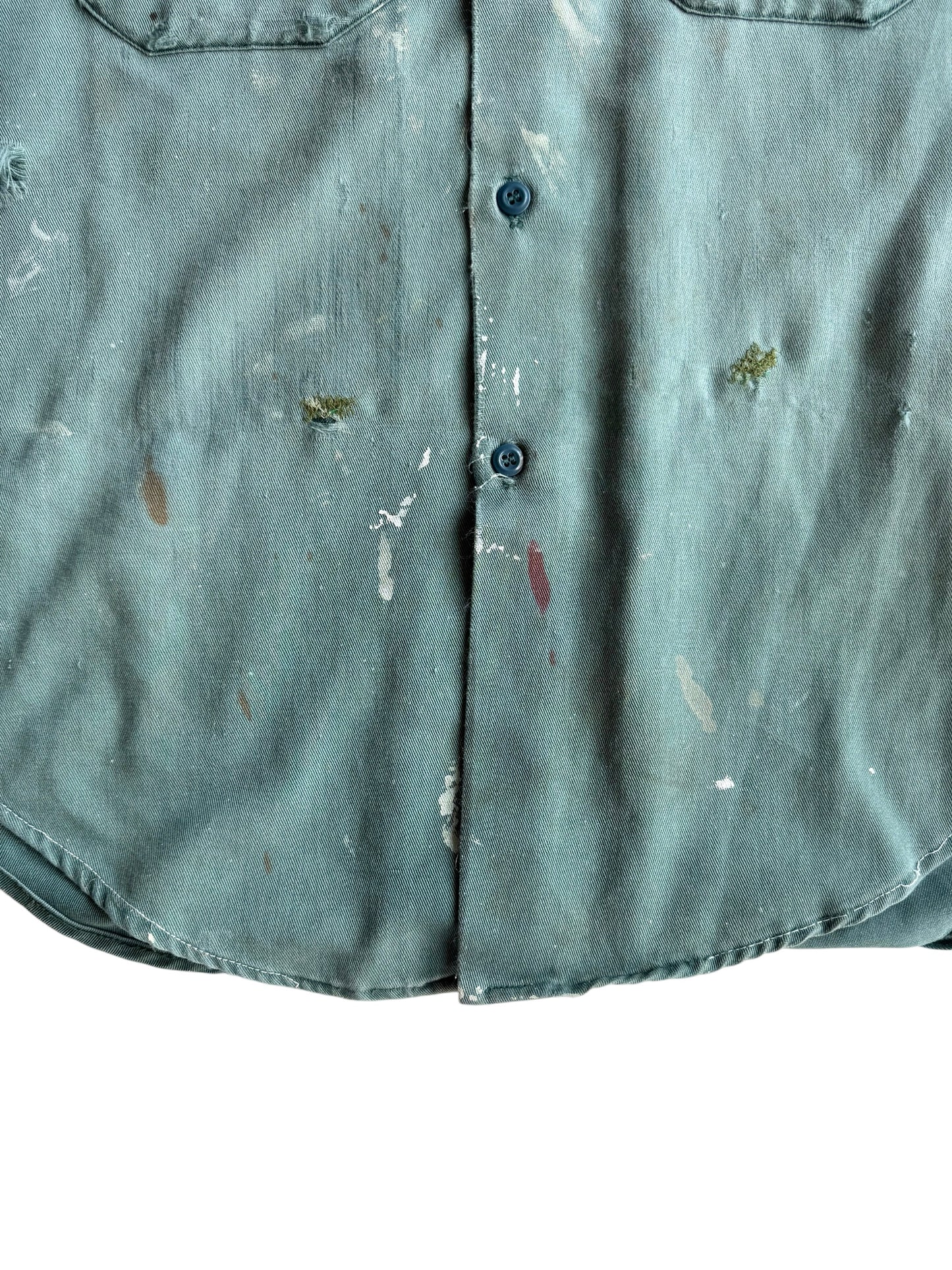 1950s Sun Faded Green Splatter Paint Repaired Work Shirt (XL)