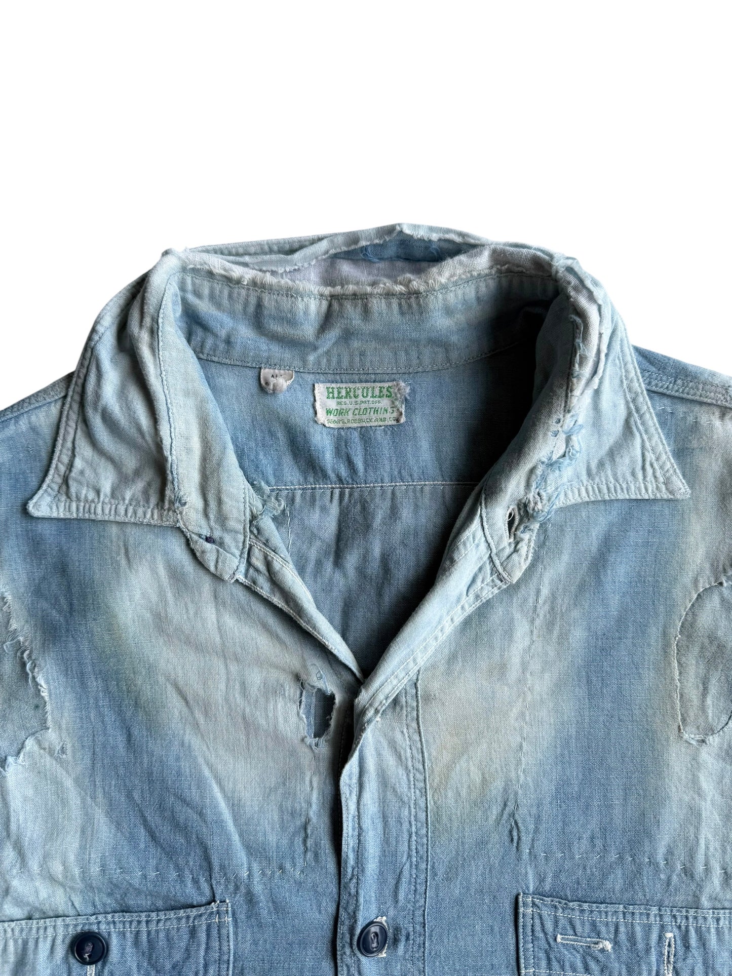 1940s Hercules Overall Sun Faded Repaired Work Shirt (XL)