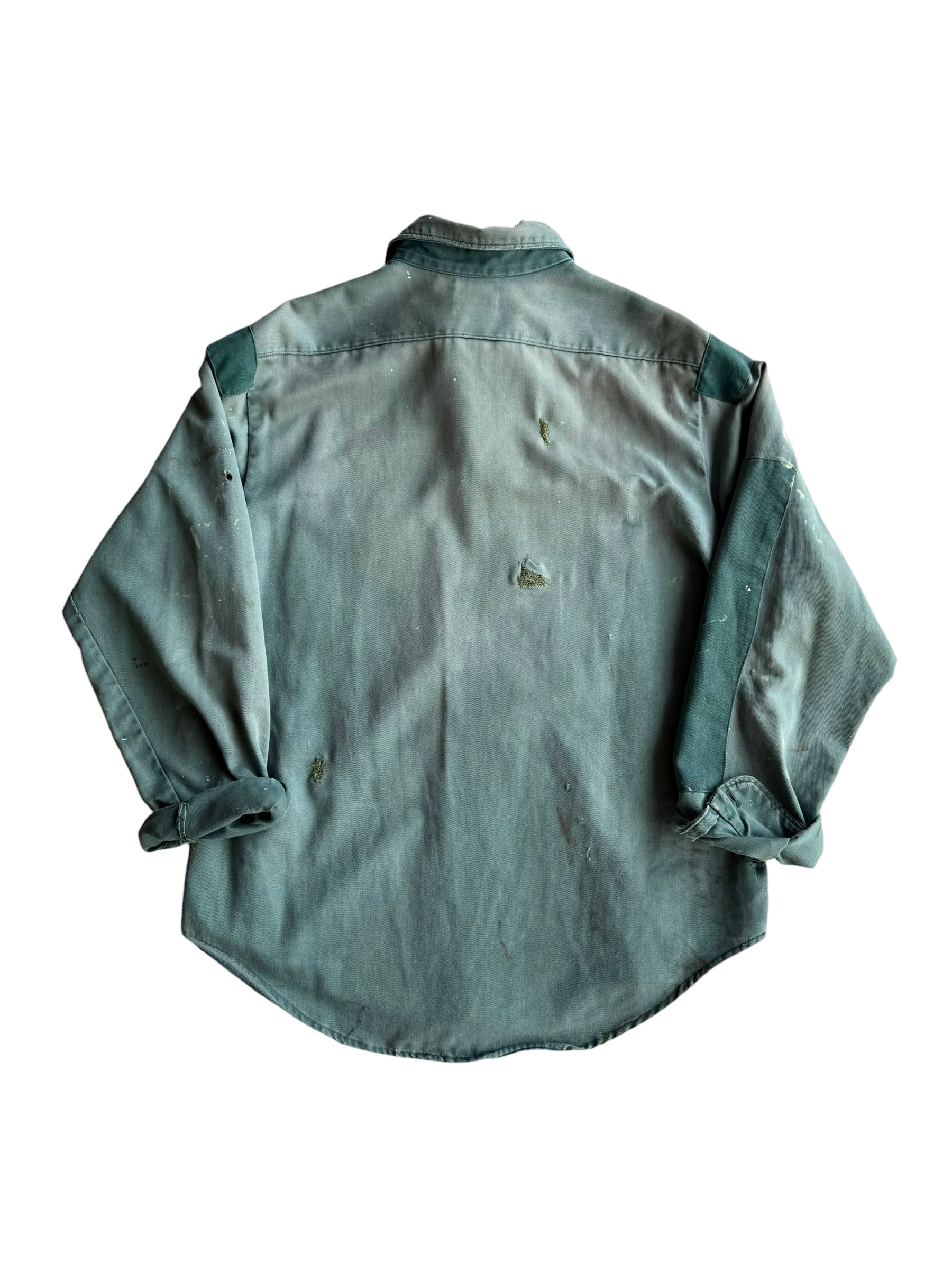 1950s Sun Faded Green Splatter Paint Repaired Work Shirt (XL)
