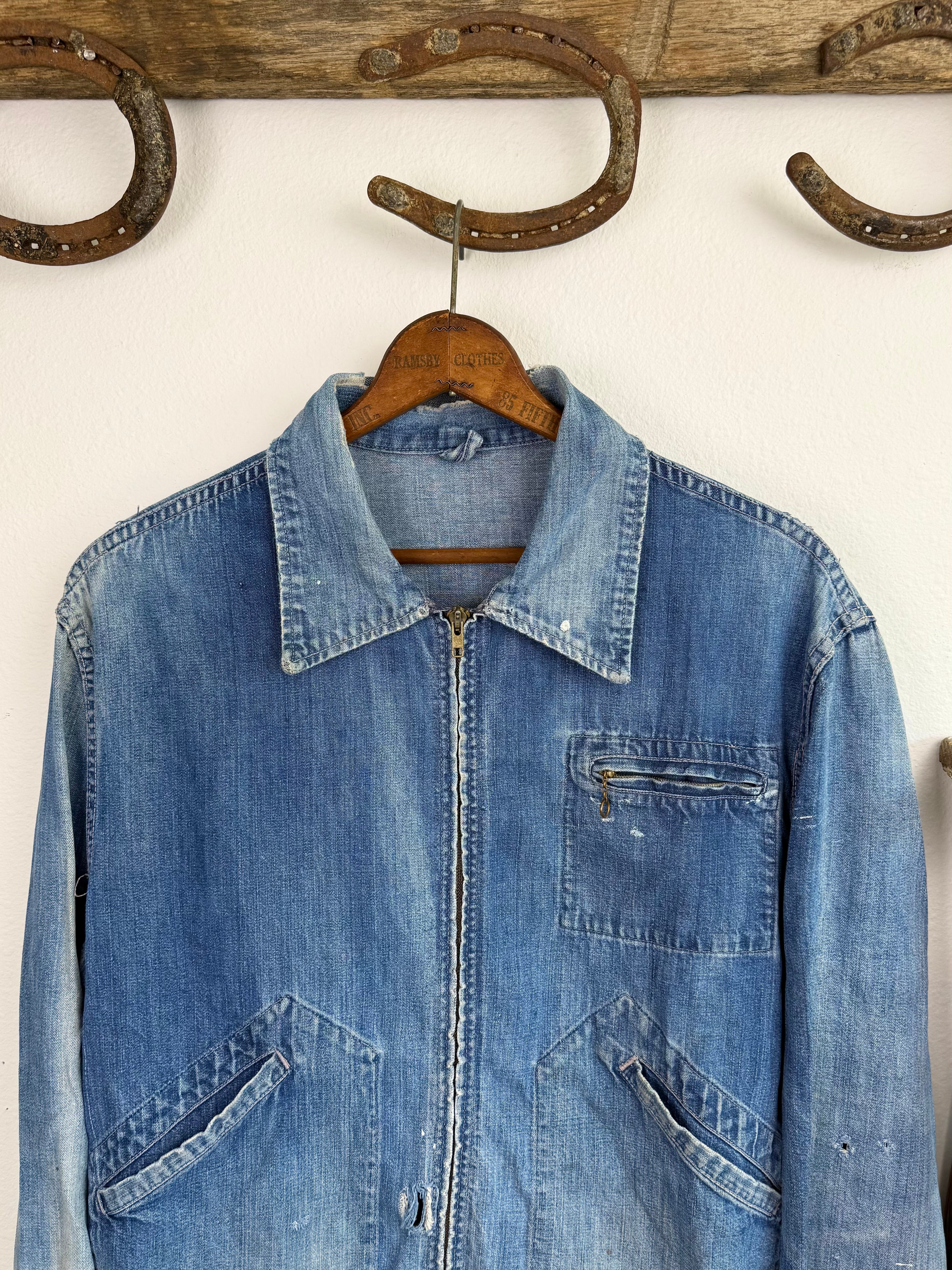 1940s Pocket Zipper Sun Faded Denim Jacket (XL)