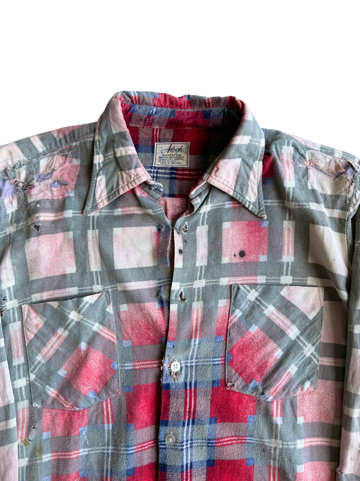 1950s Sun Faded Distressed Red Plaid Cotton Flannel (M/L)