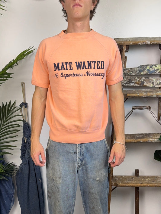 1960’s ‘Mate Wanted’ Flocked Short Sleeve Sweatshirt (S/M)