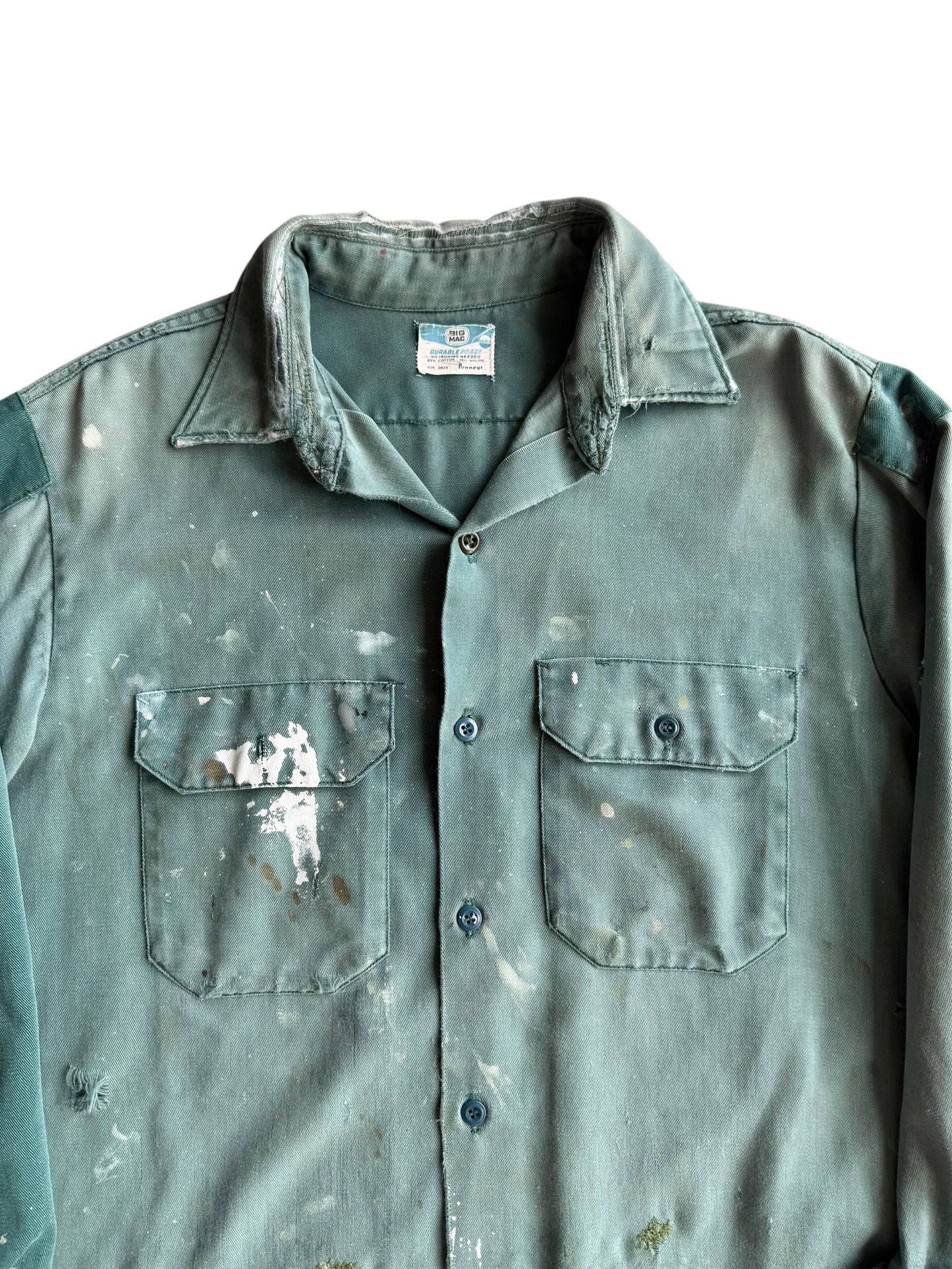 1950s Sun Faded Green Splatter Paint Repaired Work Shirt (XL)