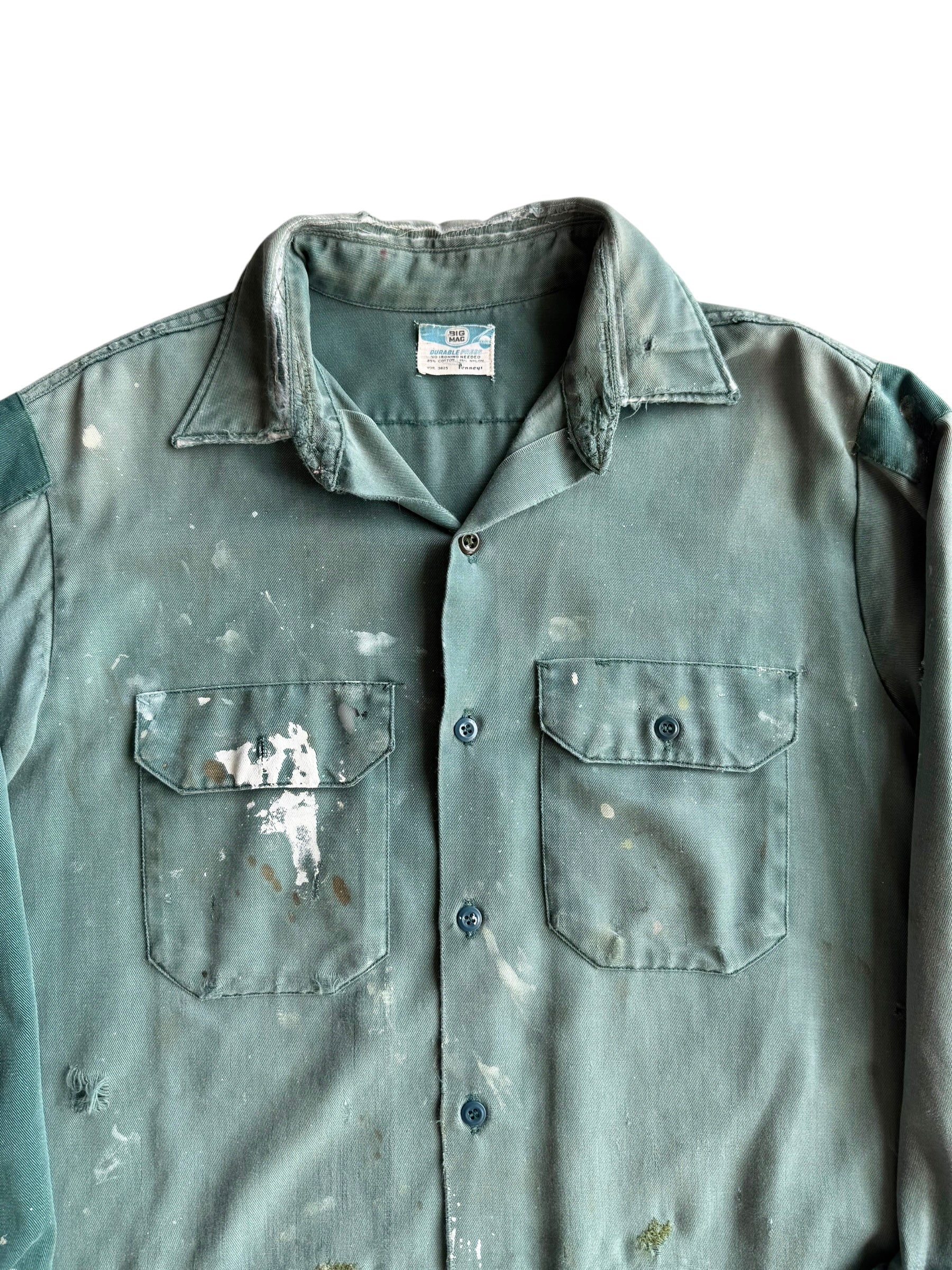 1950s Sun Faded Green Splatter Paint Repaired Work Shirt (XL)