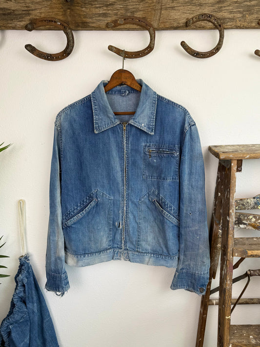 1940s Pocket Zipper Sun Faded Denim Jacket (XL)