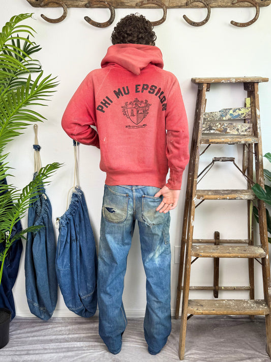 1950s Perfectly Worn ‘Hood Sun Fade’ Red Frat Hoodie (XL)