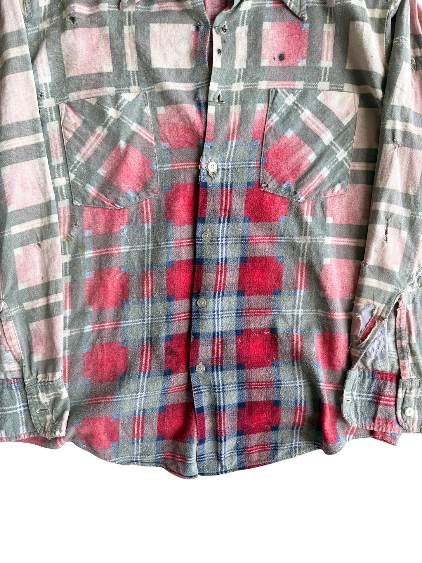1950s Sun Faded Distressed Red Plaid Cotton Flannel (M/L)