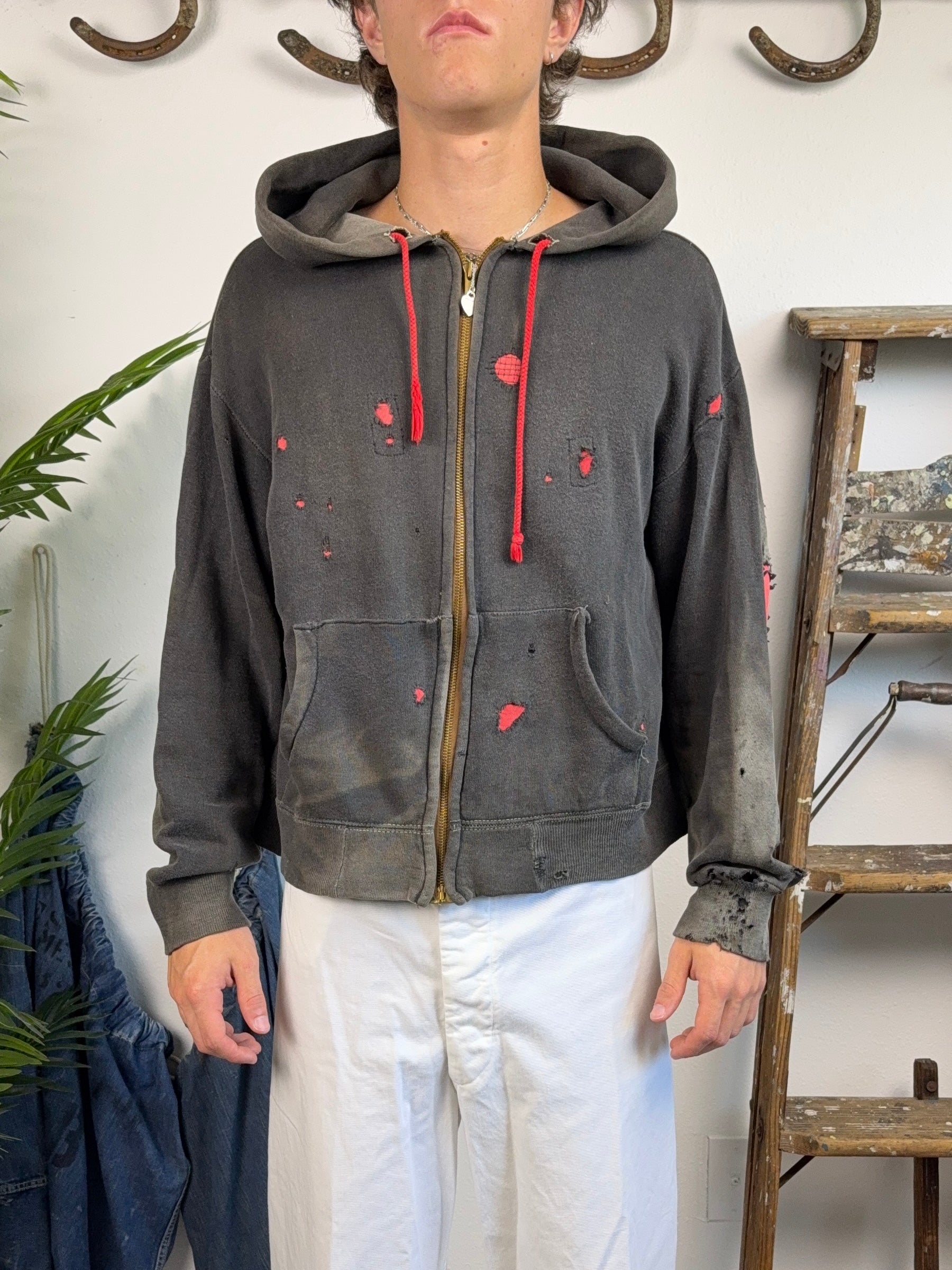 1950s Black Sun Faded & Repaired Zip Up Jacket (M/L)
