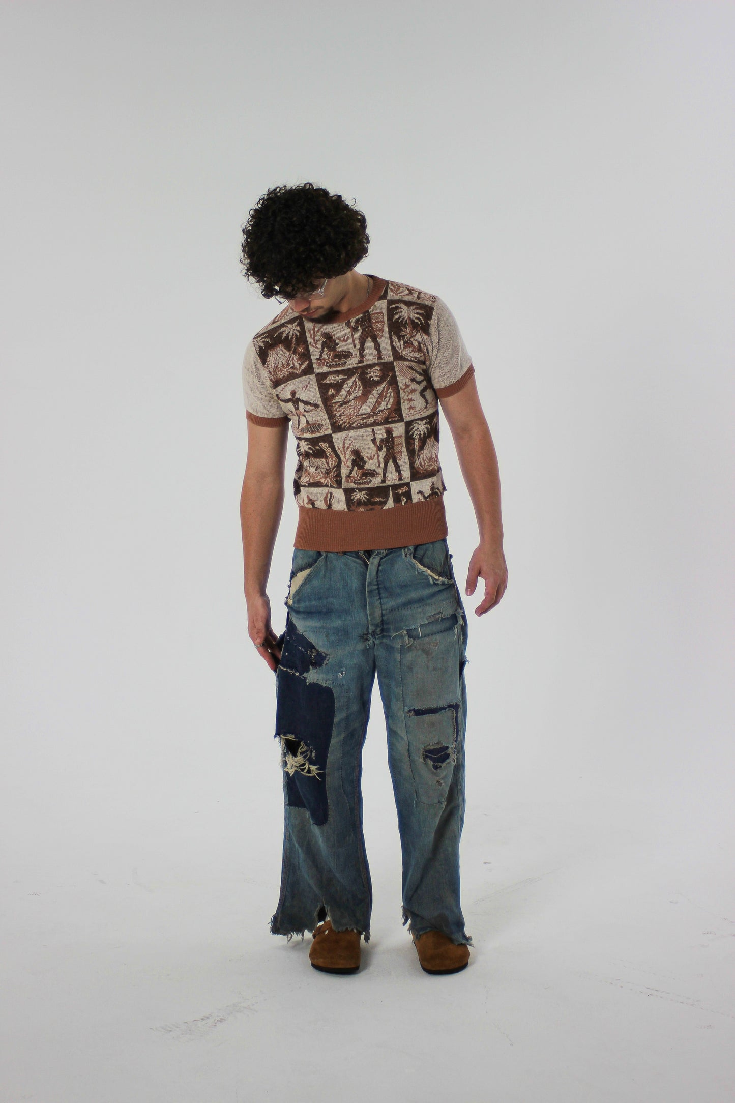 1940s Novelty Cotton Short Sleeve Sweatshirt (S/M)