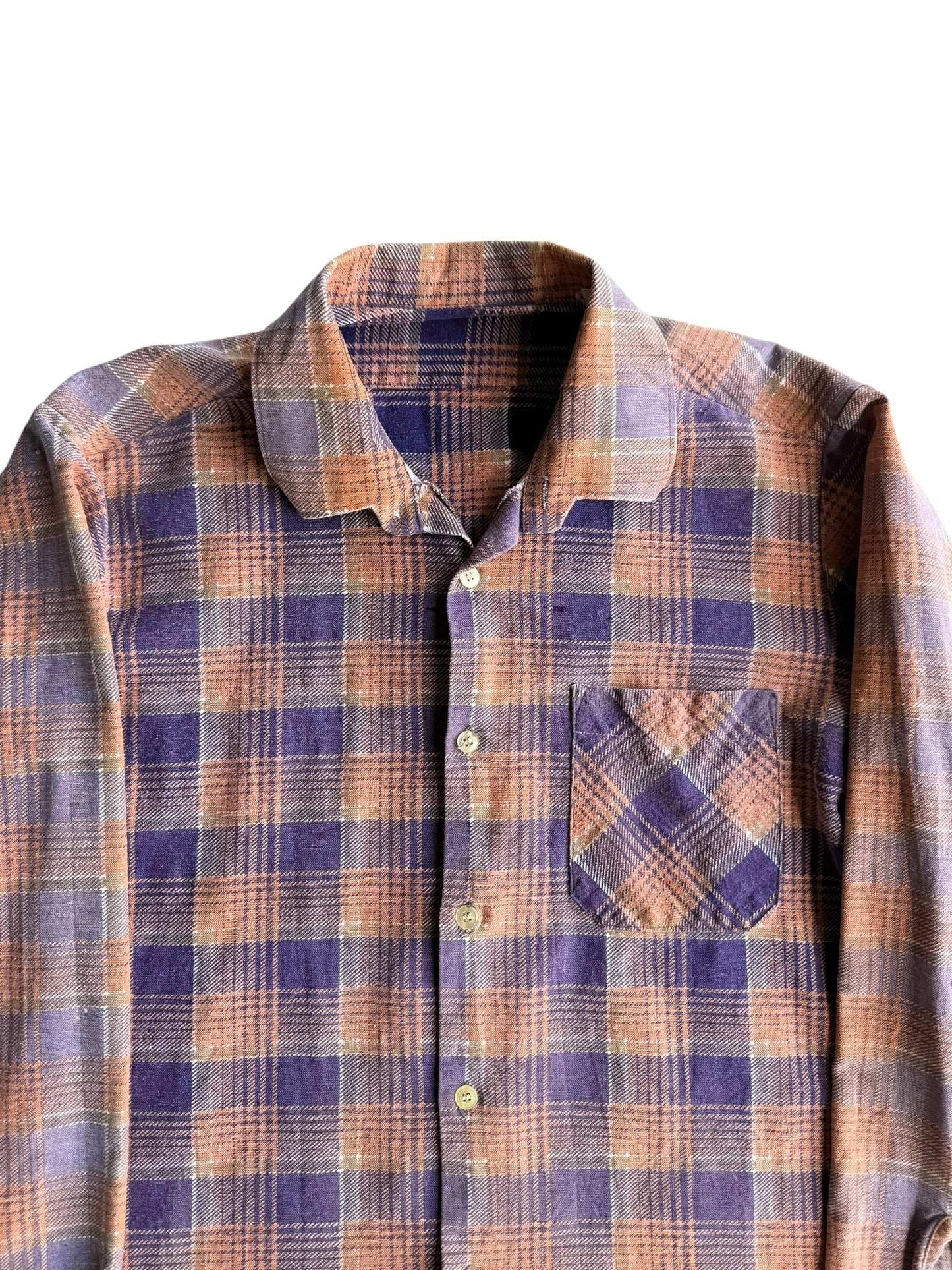 1950s Orange and Blue Faded Plaid Cotton Flannel (S/M)