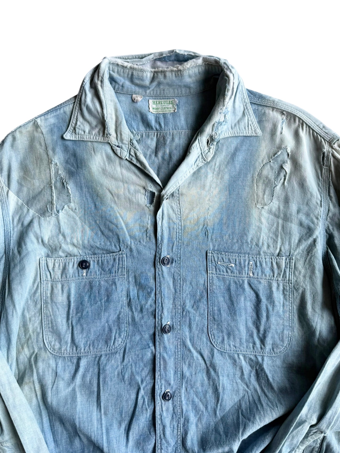 1940s Hercules Overall Sun Faded Repaired Work Shirt (XL)