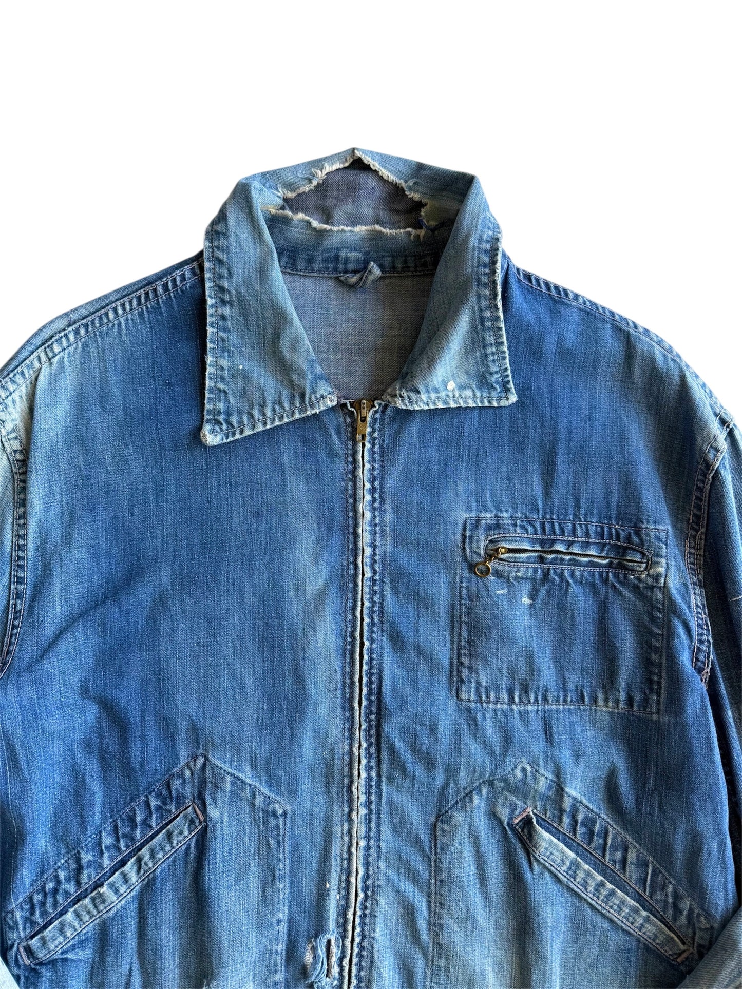 1940s Pocket Zipper Sun Faded Denim Jacket (XL)