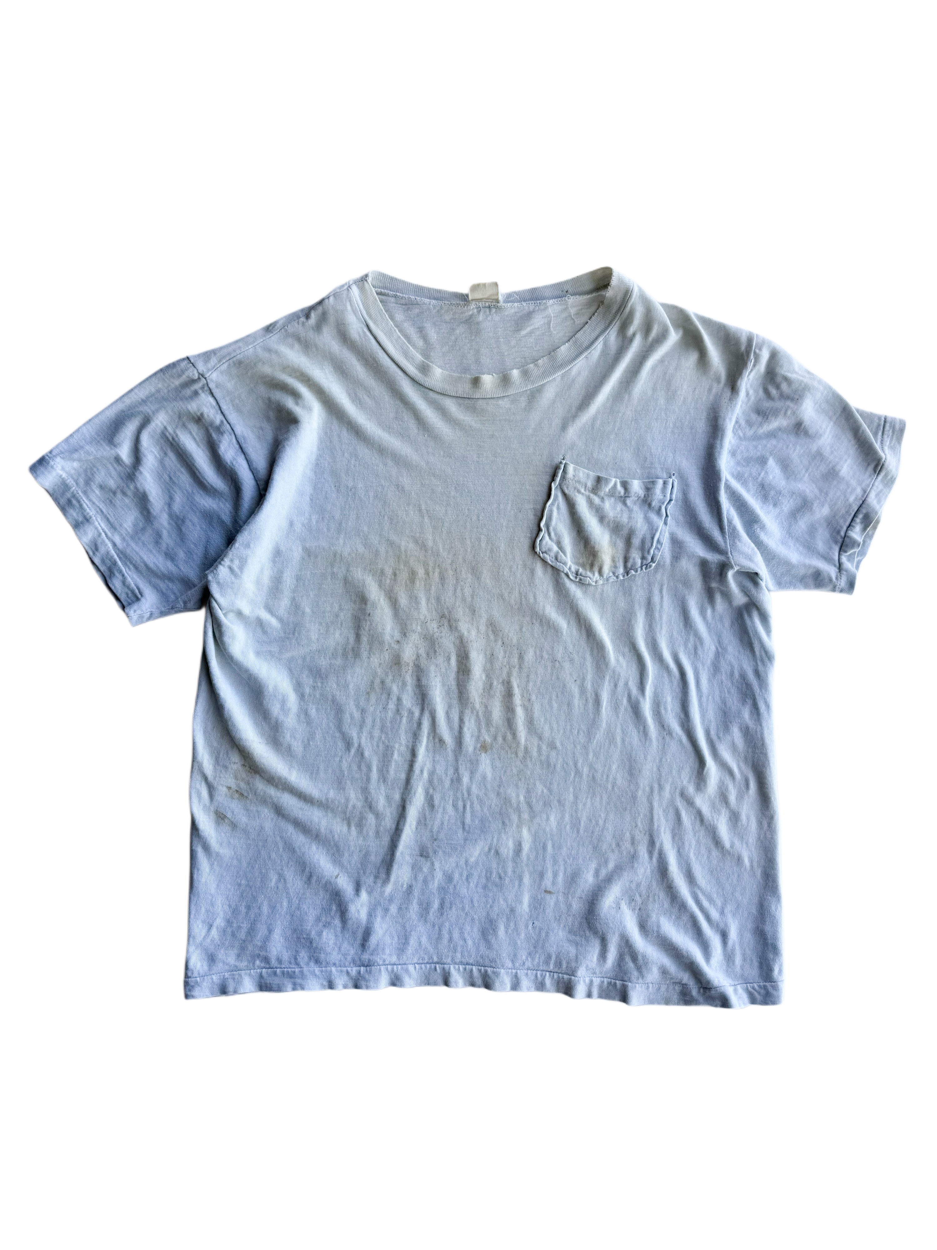 1960s Faded Baby Blue Distressed Pocket Tee (S/M)