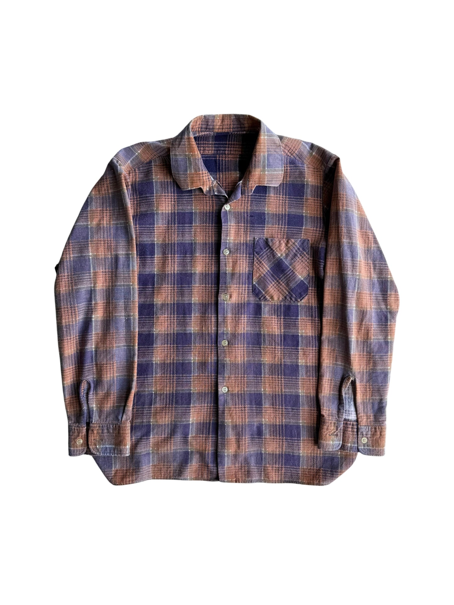 1950s Orange and Blue Faded Plaid Cotton Flannel (S/M)