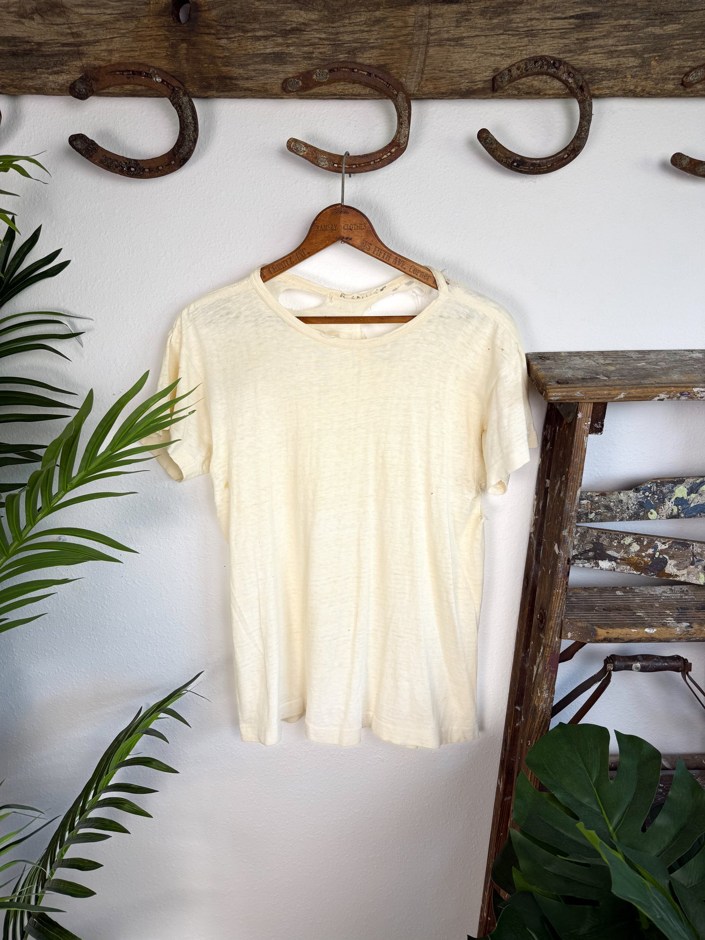 1940s Unbranded Stenciled Distressed White Tee (S/M)